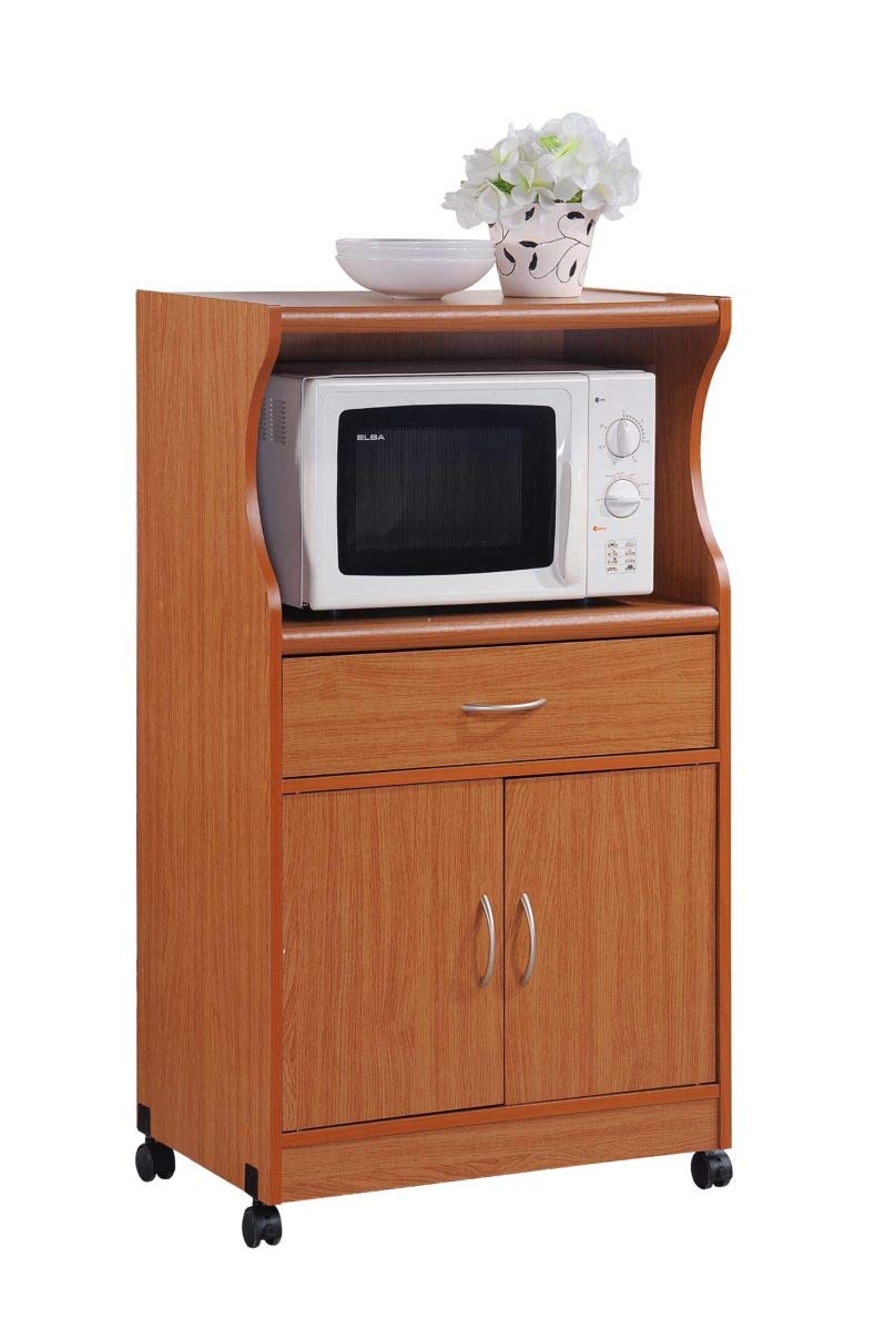HODEDAH Microwave Cart with Storage - 1 Drawer, 2 Doors & Shelf - Compact Kitchen Organizer for Small Spaces - Cherry Finish for Living Room, Dorm or Office Use