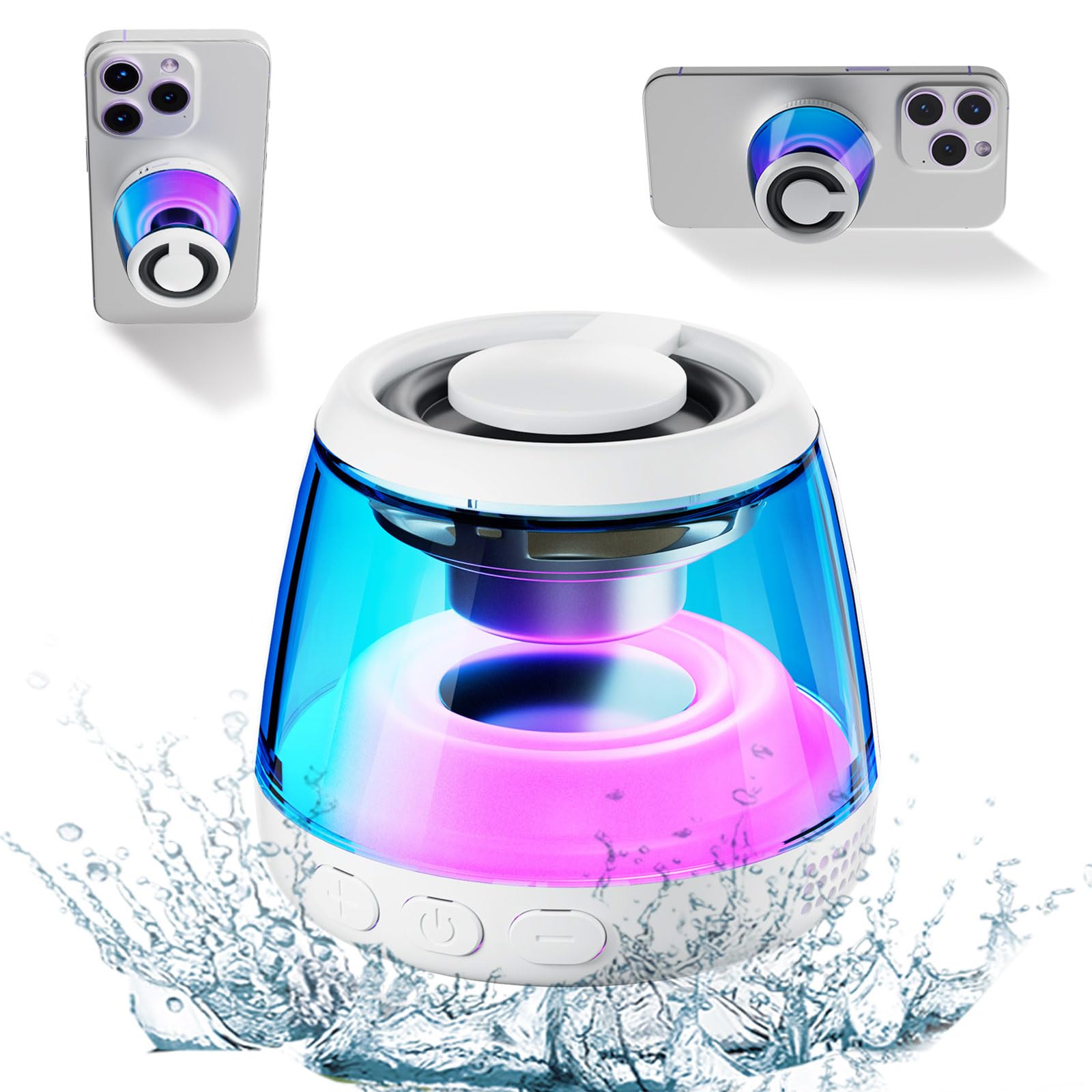 Waterproof Magnetic Bluetooth Speaker with RGB Night Light & Phone Stand - Portable Wireless Shower Speaker for iPhone 16/15/14/13/12 - Perfect for Bathroom, Pool Party, Outdoor Adventures & Birthday Gifts (White)