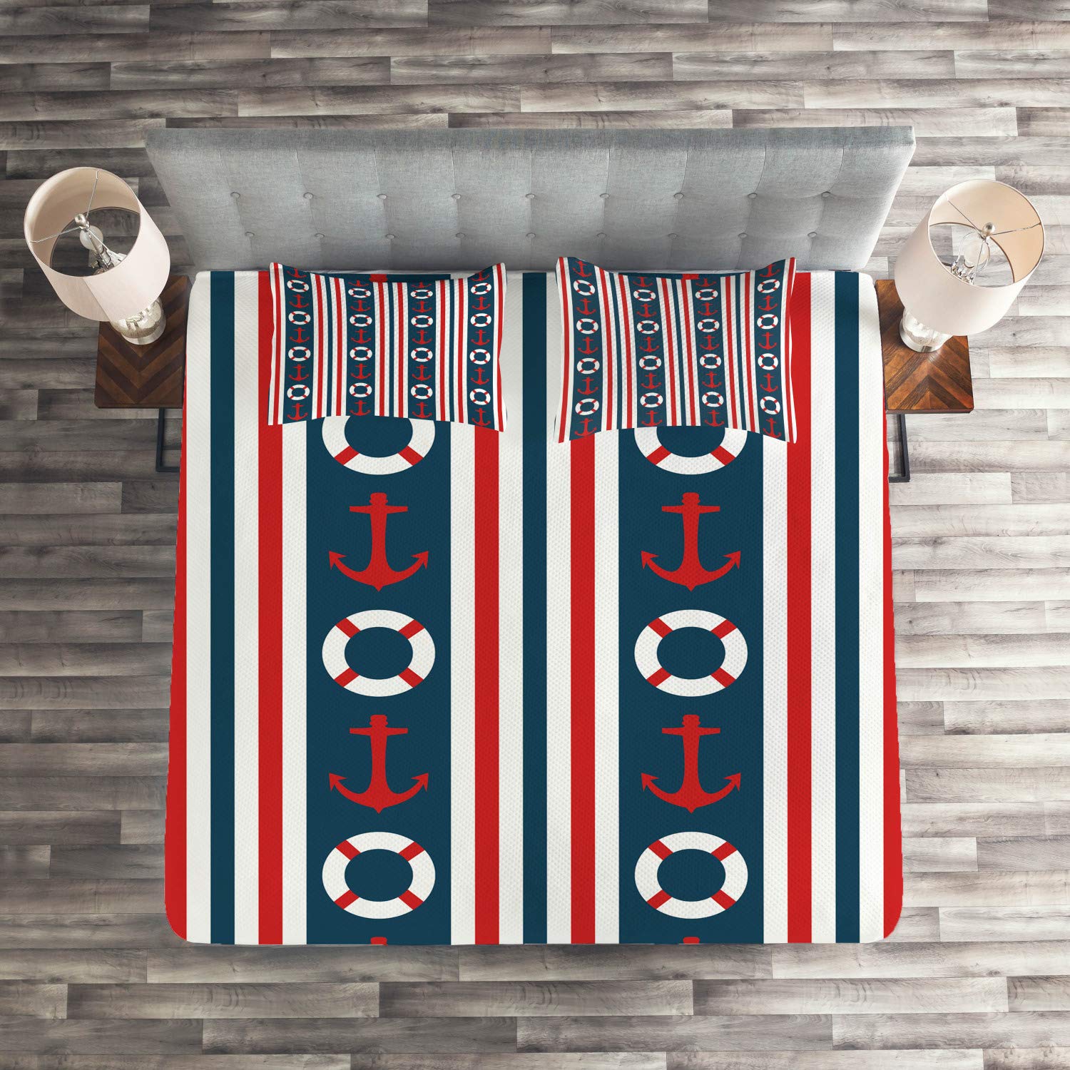 Ambesonne Nautical Quilt Set Queen Size - 3 Piece Maritime Bedspread with Steering Wheel & Anchor Pattern, Striped Vertical Borders in Indigo Red White - Perfect for Coastal Themed Bedrooms, Guest Rooms & Beach House Decor
