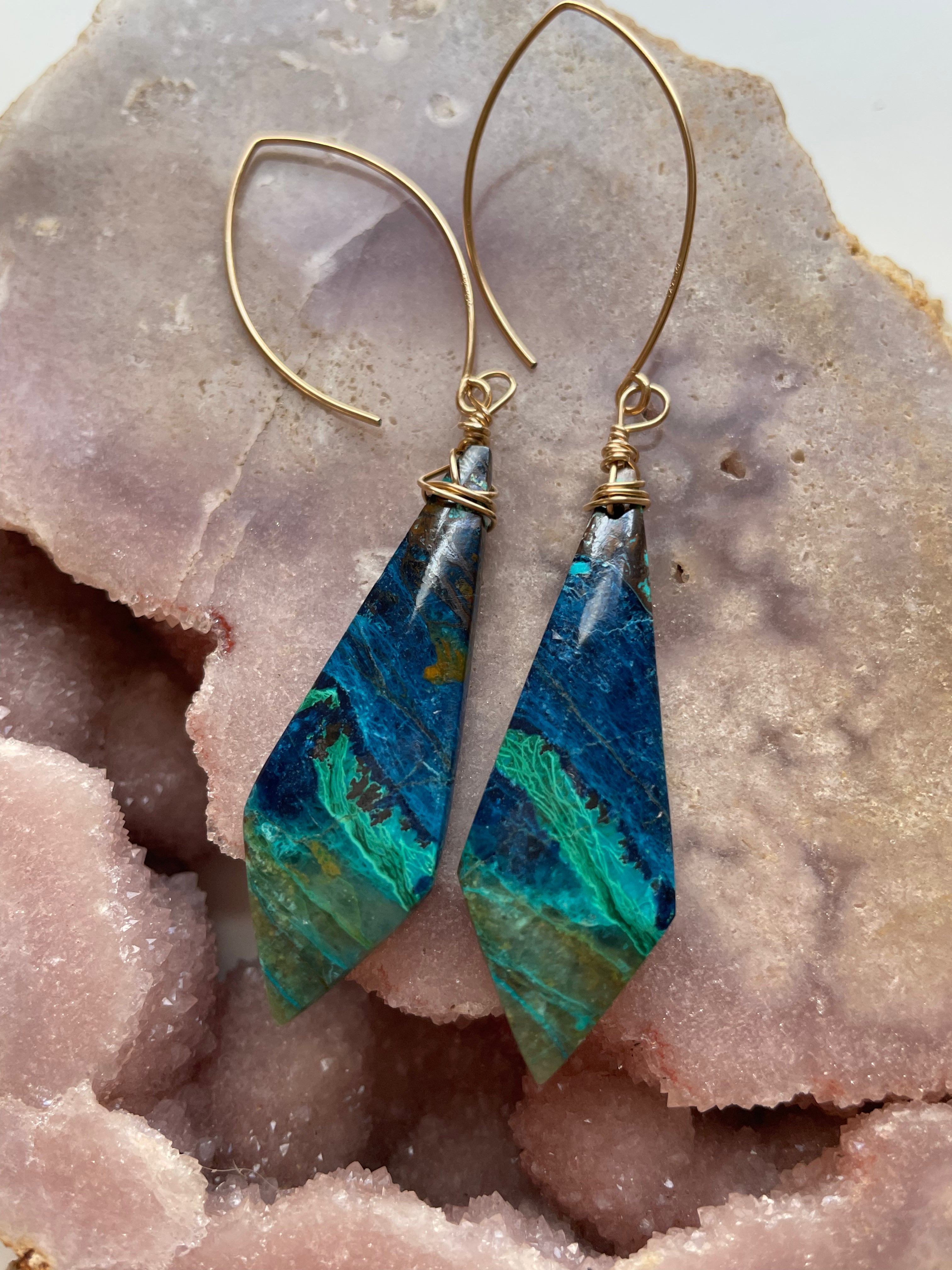 Chrysocolla Gold Filled Statement Crystal Gemstone Earrings for Women | Elegant Bohemian Jewelry for Parties, Weddings & Special Occasions