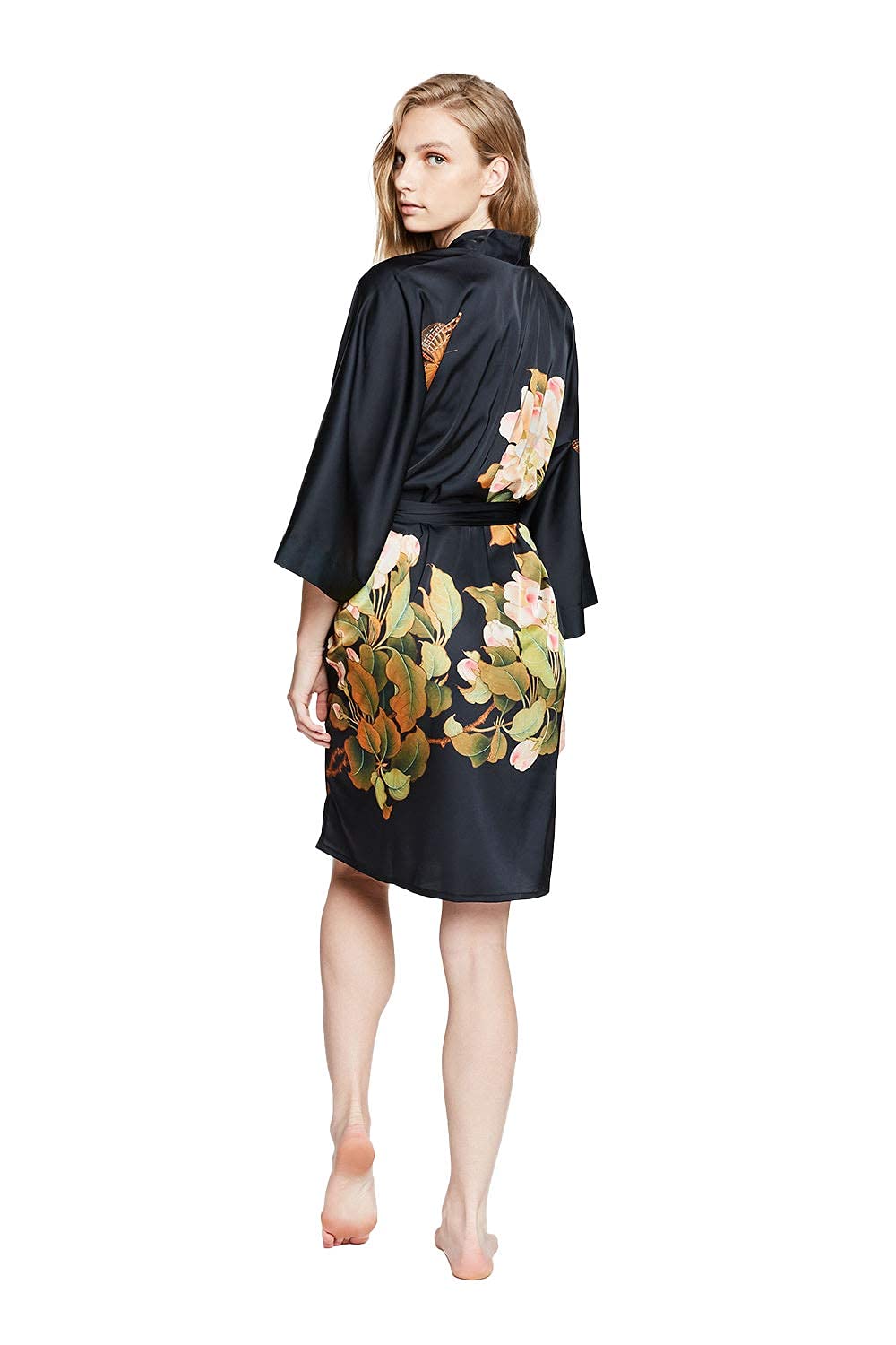 KIM+ONO Women's Short Charmeuse Kimono Robe - Watercolor Floral Design | Lightweight Loungewear for Spa, Beach Cover-Up & Bridal Party Gifts