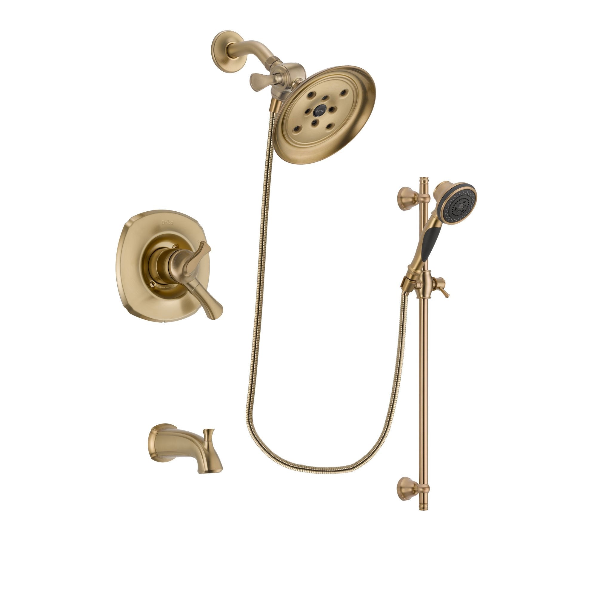 Delta Addison Champagne Bronze Dual Control Tub and Shower Faucet System with Large Rain Shower Head, Handheld Spray, Slide Bar, Rough-in Valve & Tub Spout - Perfect for Bathroom Renovation & Luxury Spa Experience (Model DSP3597V)