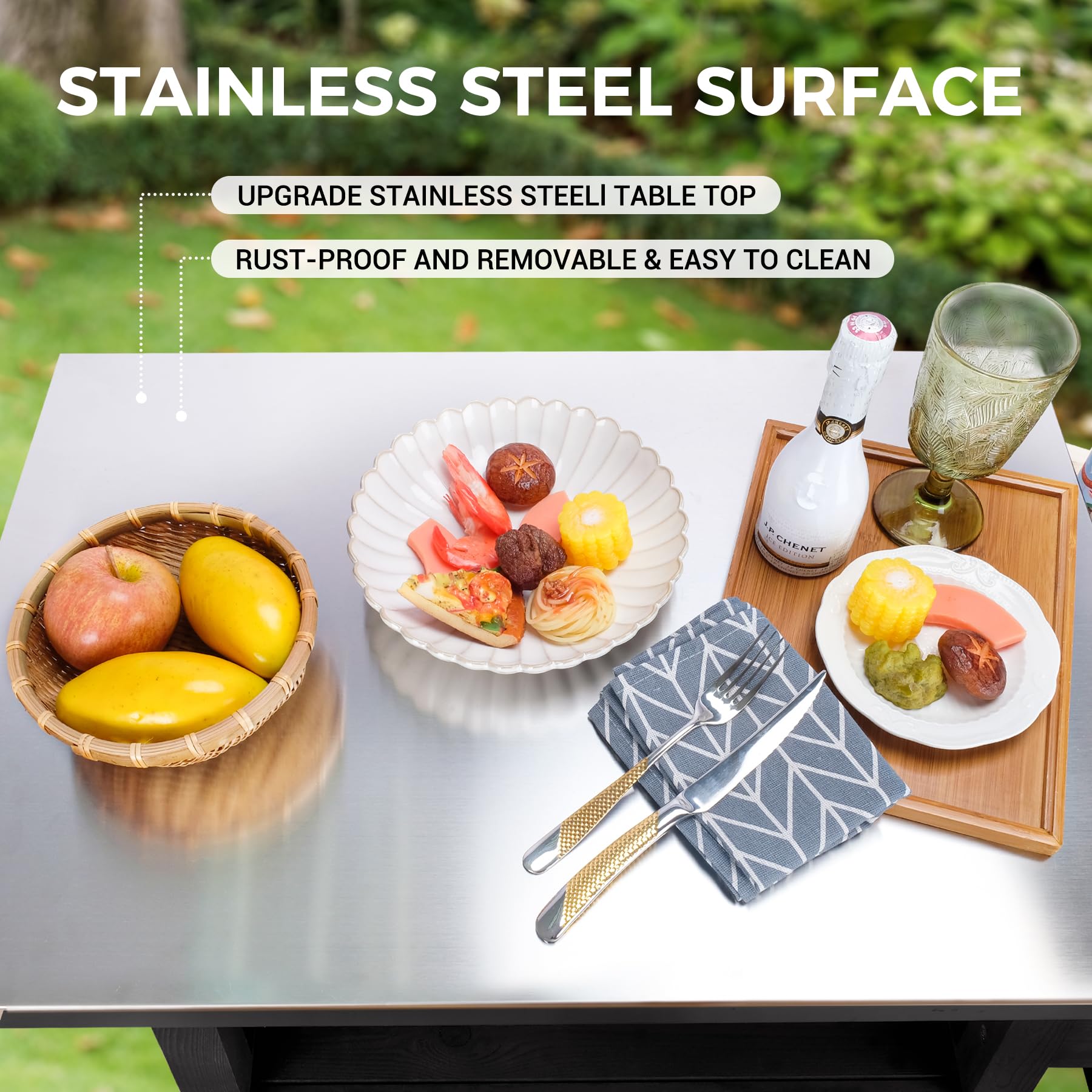 Portable Solid Wood Outdoor Grill Cart with Stainless Steel Top & Spice Rack - Movable BBQ Cooking Table with Storage for Patio, Garden, Backyard & Camping - Perfect for Grilling, Entertaining & Outdoor Dining