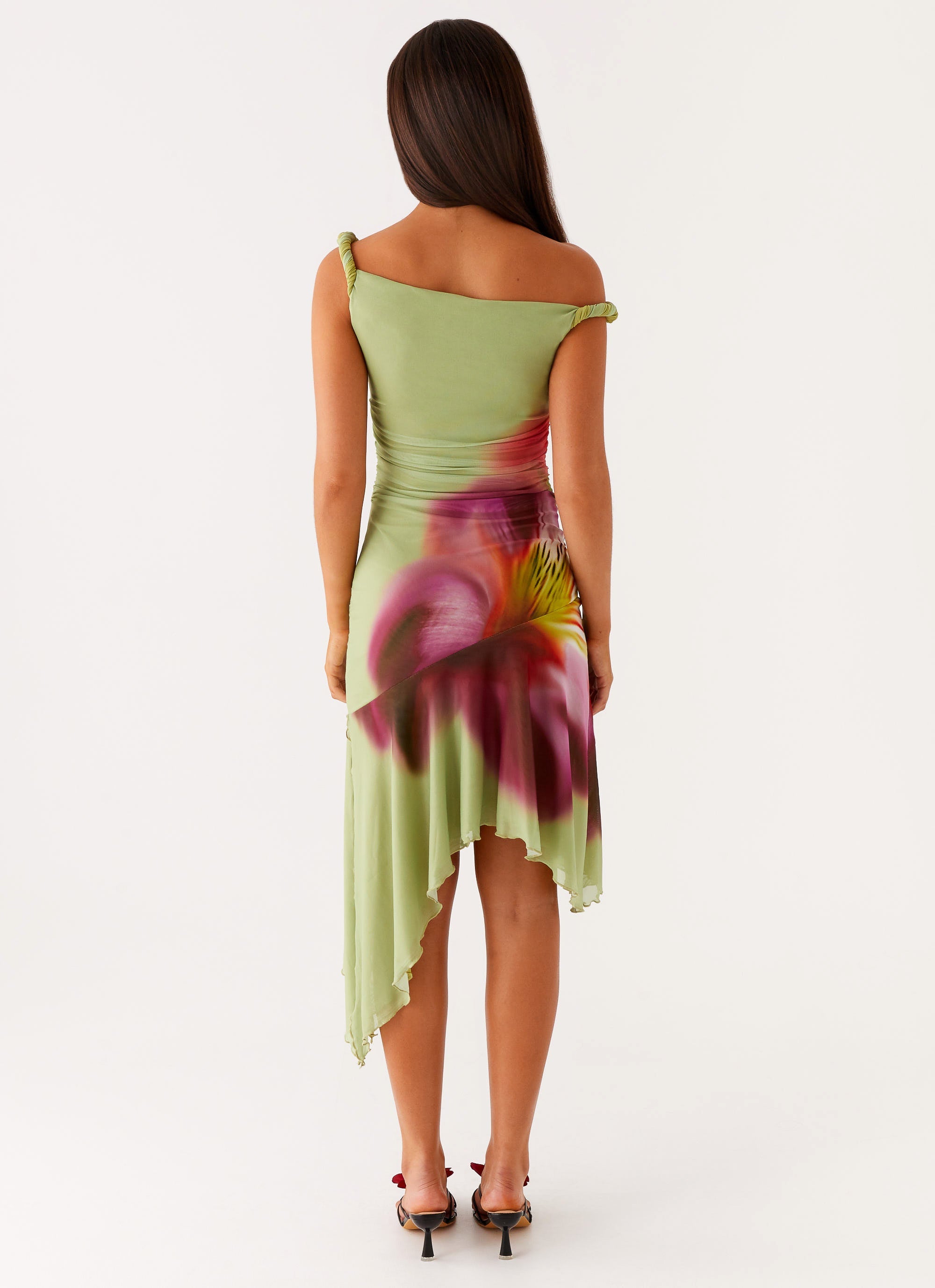 Huntah Women's Midi Dress - Green Tropical Print Flowy Summer Dress for Beach Vacation, Date Night & Casual Outings
