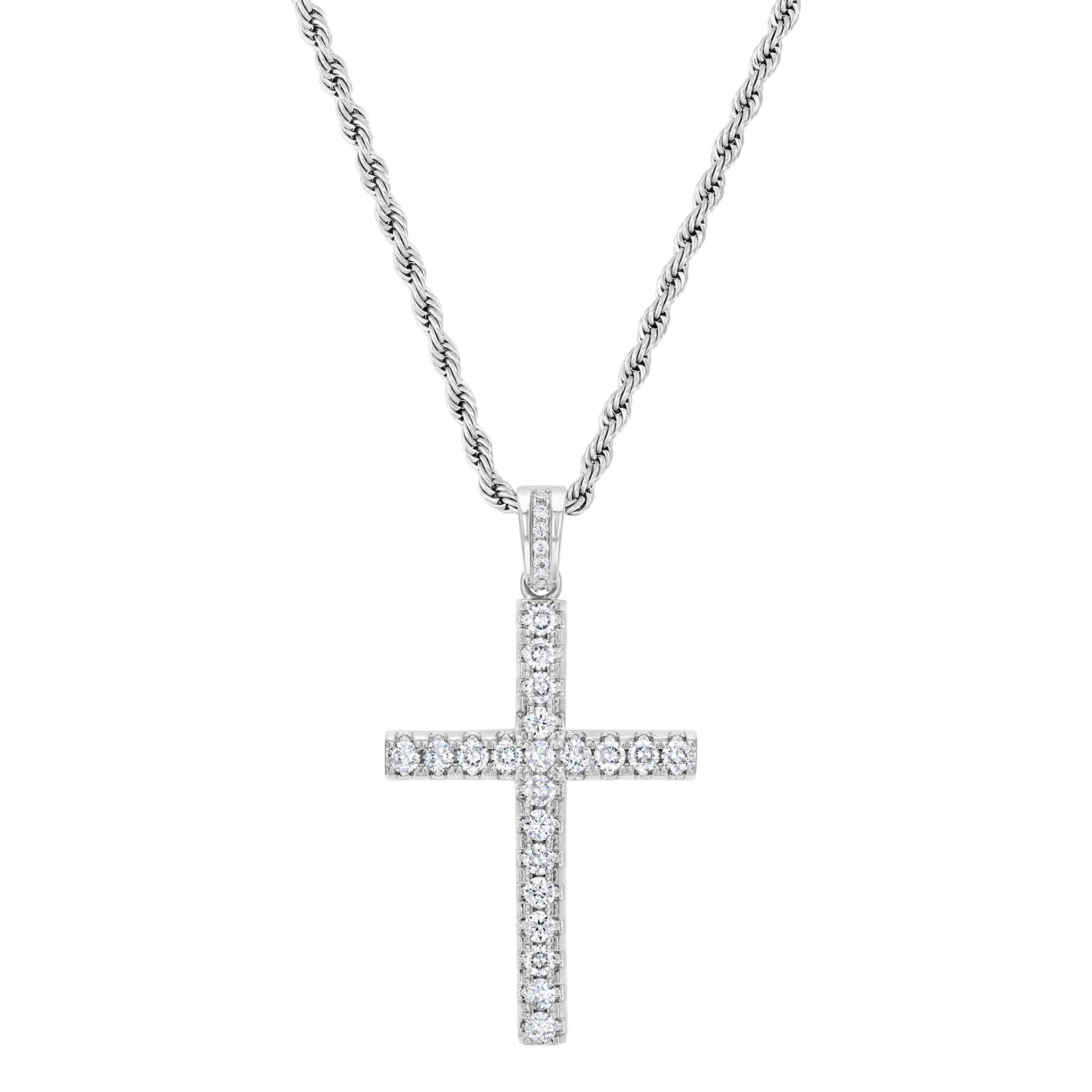 Rhodium-Plated Iced Out CZ Jesus Cross Pendant Necklace for Men & Women - Stainless Steel Chain | Perfect for Gifts, Church, Parties & Everyday Wear