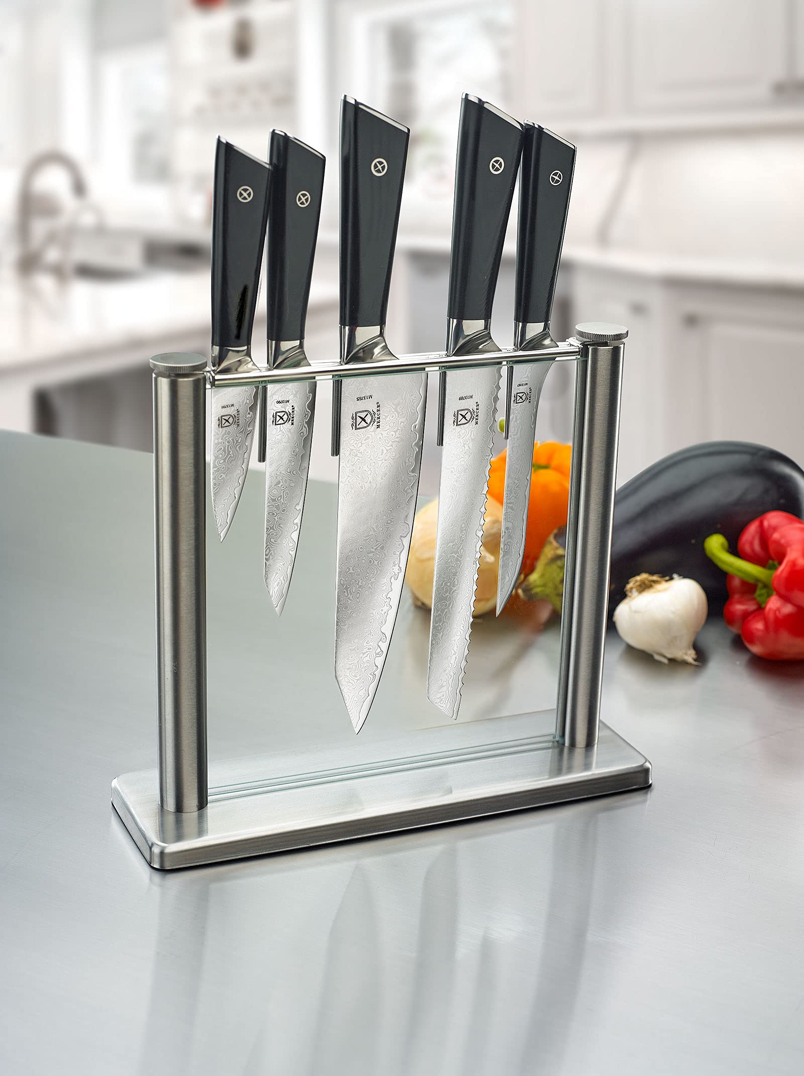 Premium Mercer Culinary 6-Piece Super Steel Knife Set with Glass Block Stand & Ergonomic G10 Handles - Professional Chef Knives for Kitchen, Cooking, Slicing & Food Prep