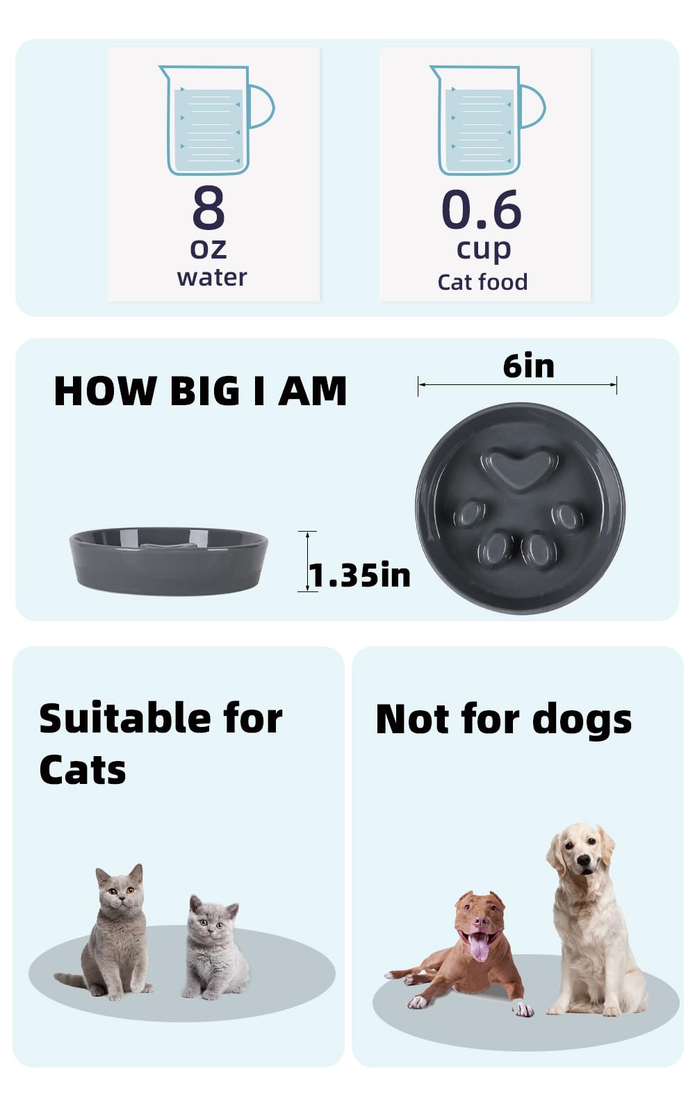 Ceramic Slow Feeder Cat Bowls - Fun & Interactive Cat Food Dish for Fast Eaters, Grey - Perfect for Portion Control & Preventing Bloat in Indoor Cats