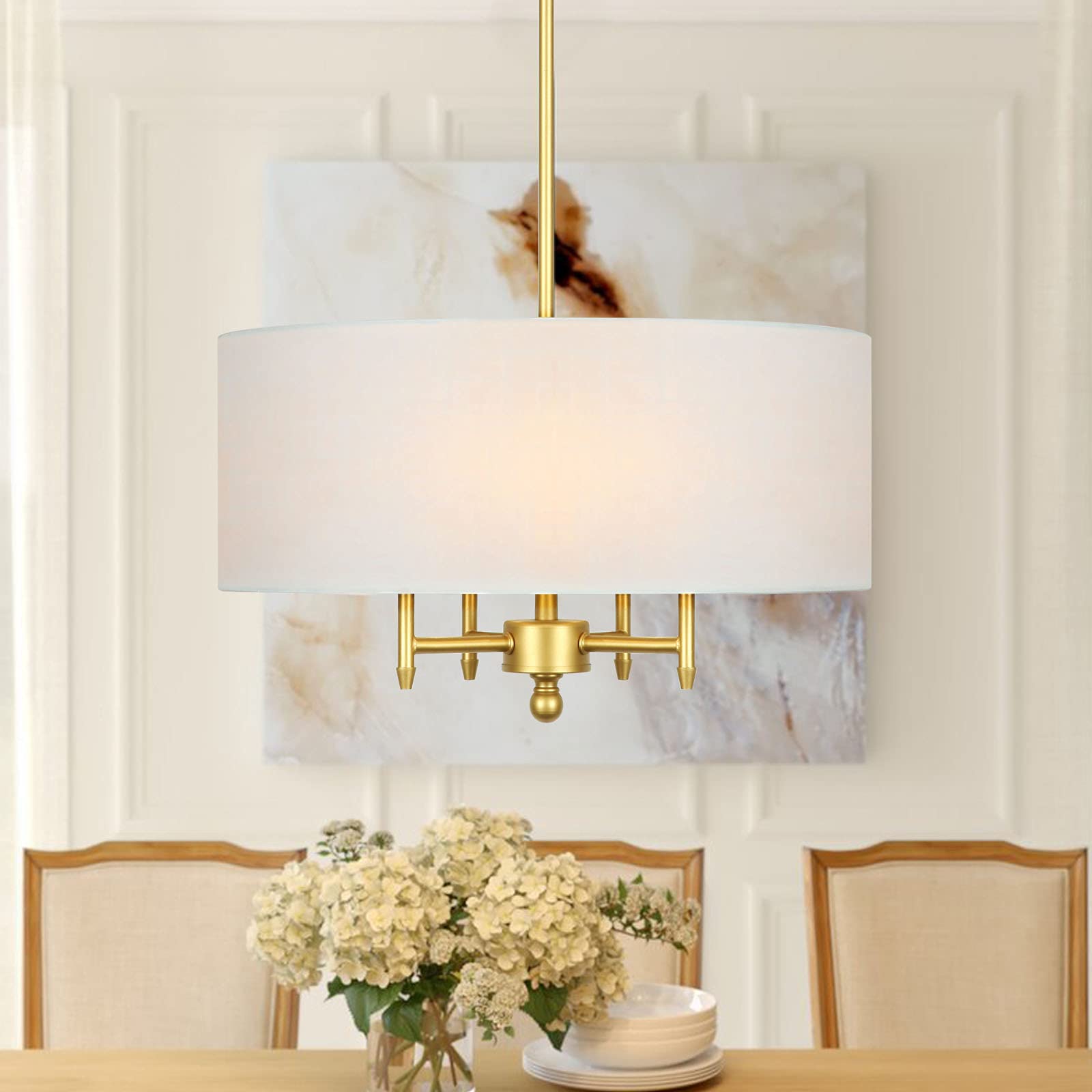 Modern 4-Light Chandelier with White Linen Drum Shade - Antique Brass Finish - Elegant Ceiling Light Fixture for Dining Room, Living Room, Kitchen Island & Foyer | Perfect for Home Decor, Wedding Venues & Restaurant Lighting