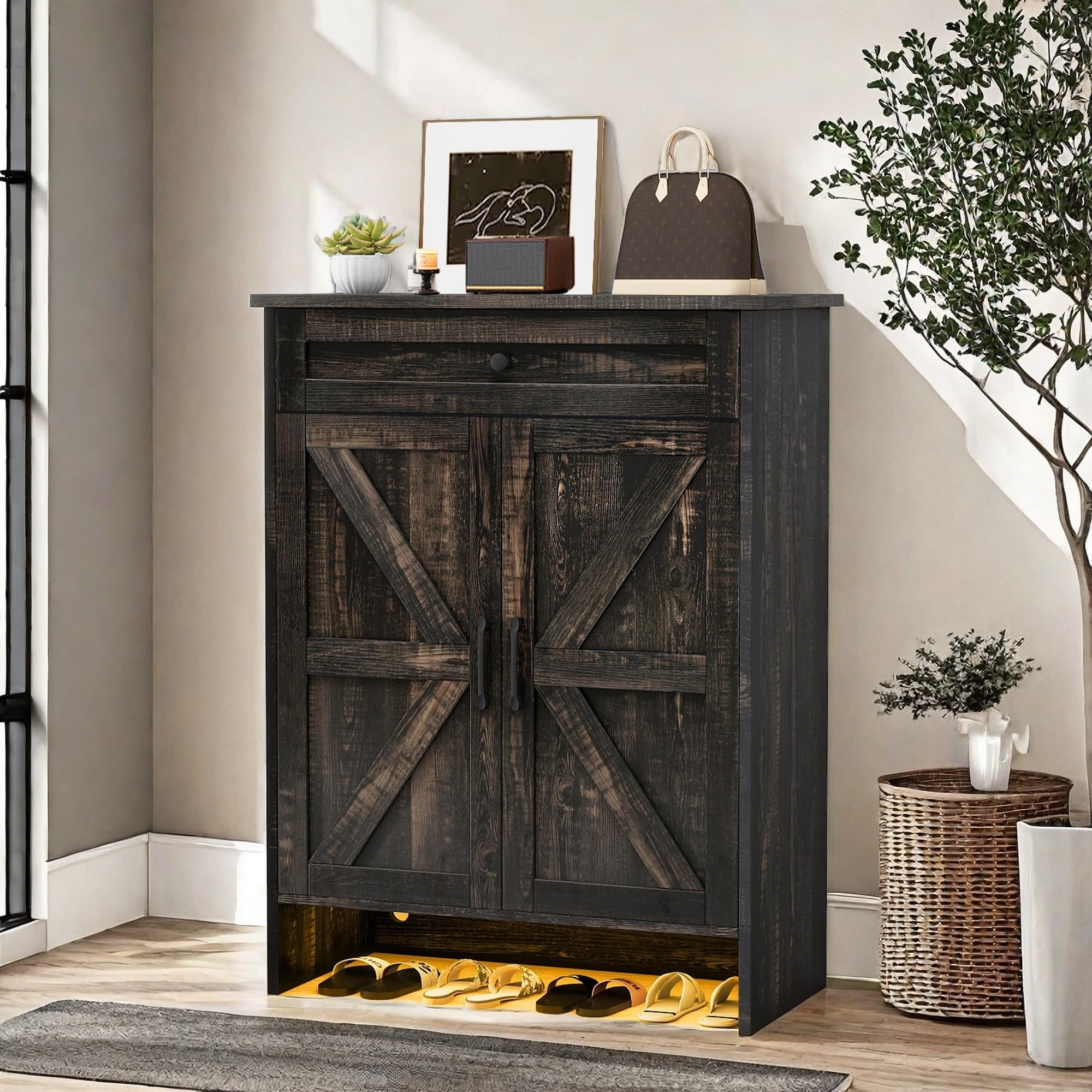 DWVO 6-Tier Shoe Storage Cabinet with Doors & Drawer - Adjustable Shelves Shoe Organizer for Entryway, Hallway & Living Room - Dark Rustic Oak Finish - Perfect for Small Spaces & Closet Organization