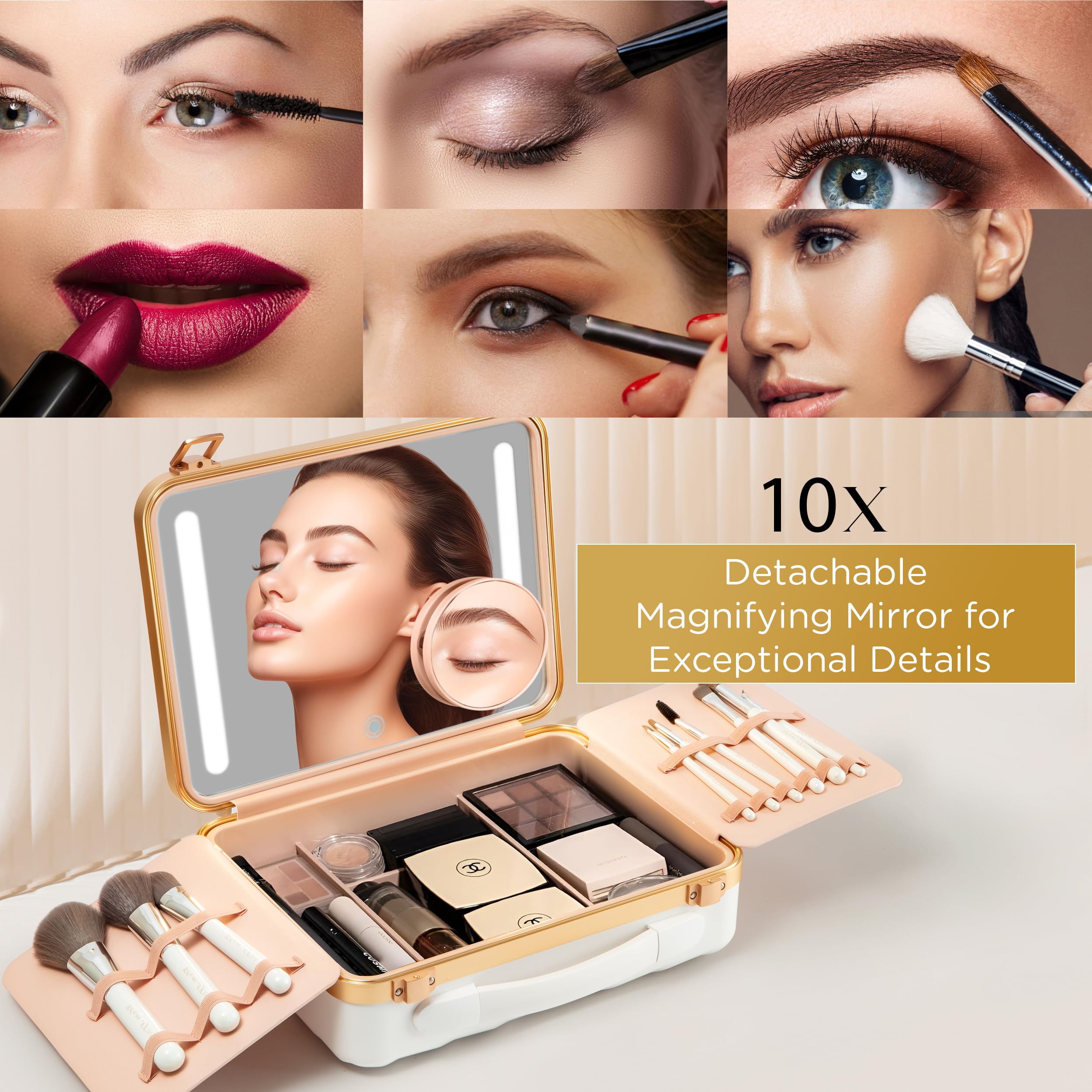 Portable LED Lighted Makeup Case with Mirror - Rechargeable Travel Makeup Organizer with 3 Light Settings & Mini 10x Mirror | Perfect for Travel, Home Vanity, and Professional Makeup Artists