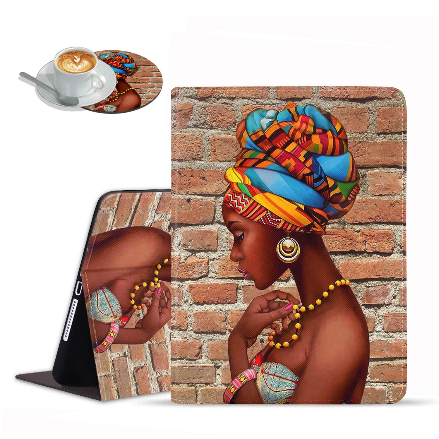 LOWORO iPad 9.7 Case for iPad 6th/5th Gen 2018/2017 & iPad Air/Air 2 - Multi-Angle Adjustable Stand with Auto Wake/Sleep Smart Cover - African Women Design (Includes Coasters) - Perfect for Work, Study & Travel Protection