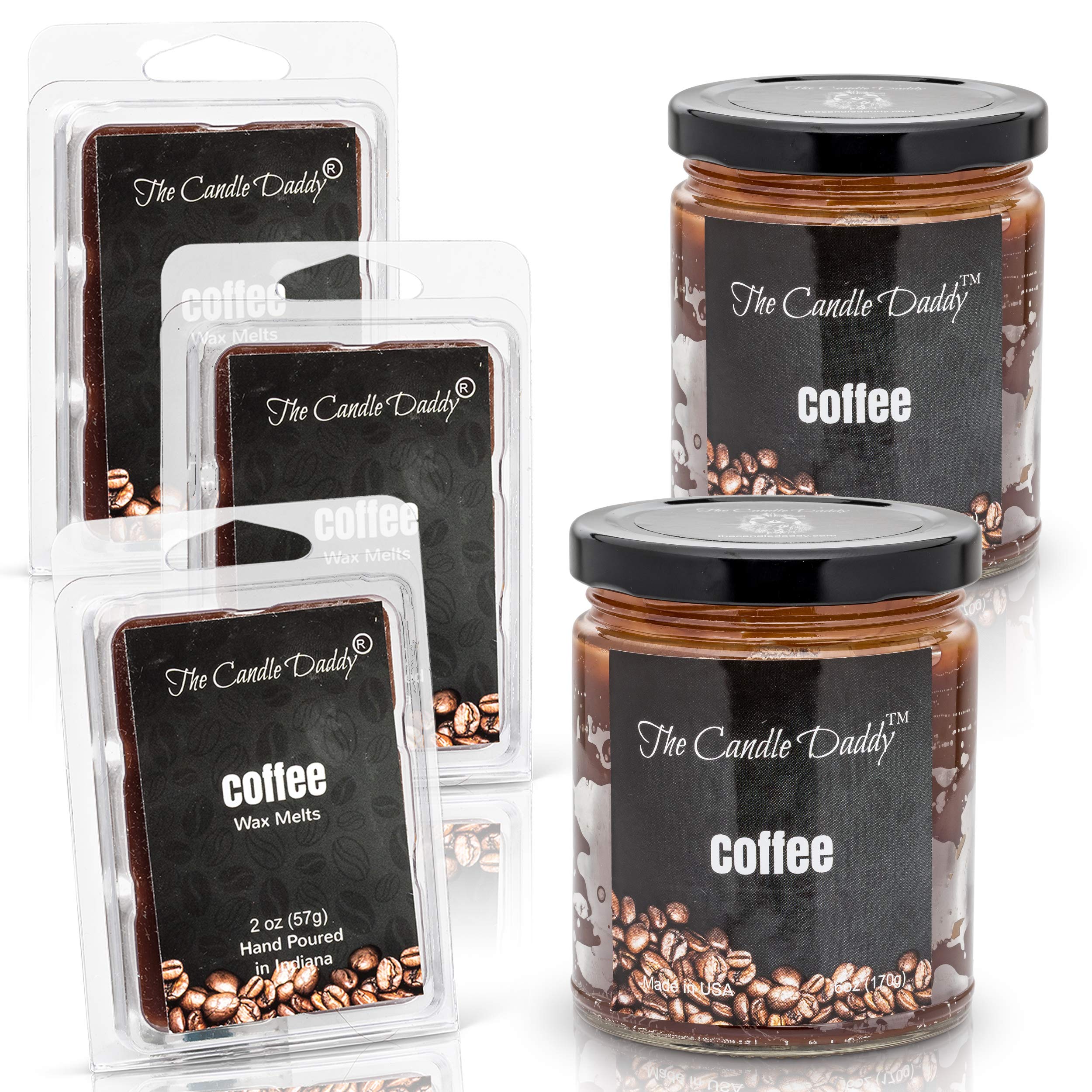 Premium Coffee Scented Candles & Wax Melts Set - 2 x 6oz Soy Candles + 3 x 2oz Wax Melts - Aromatic Home Decor for Kitchen, Office & Relaxation