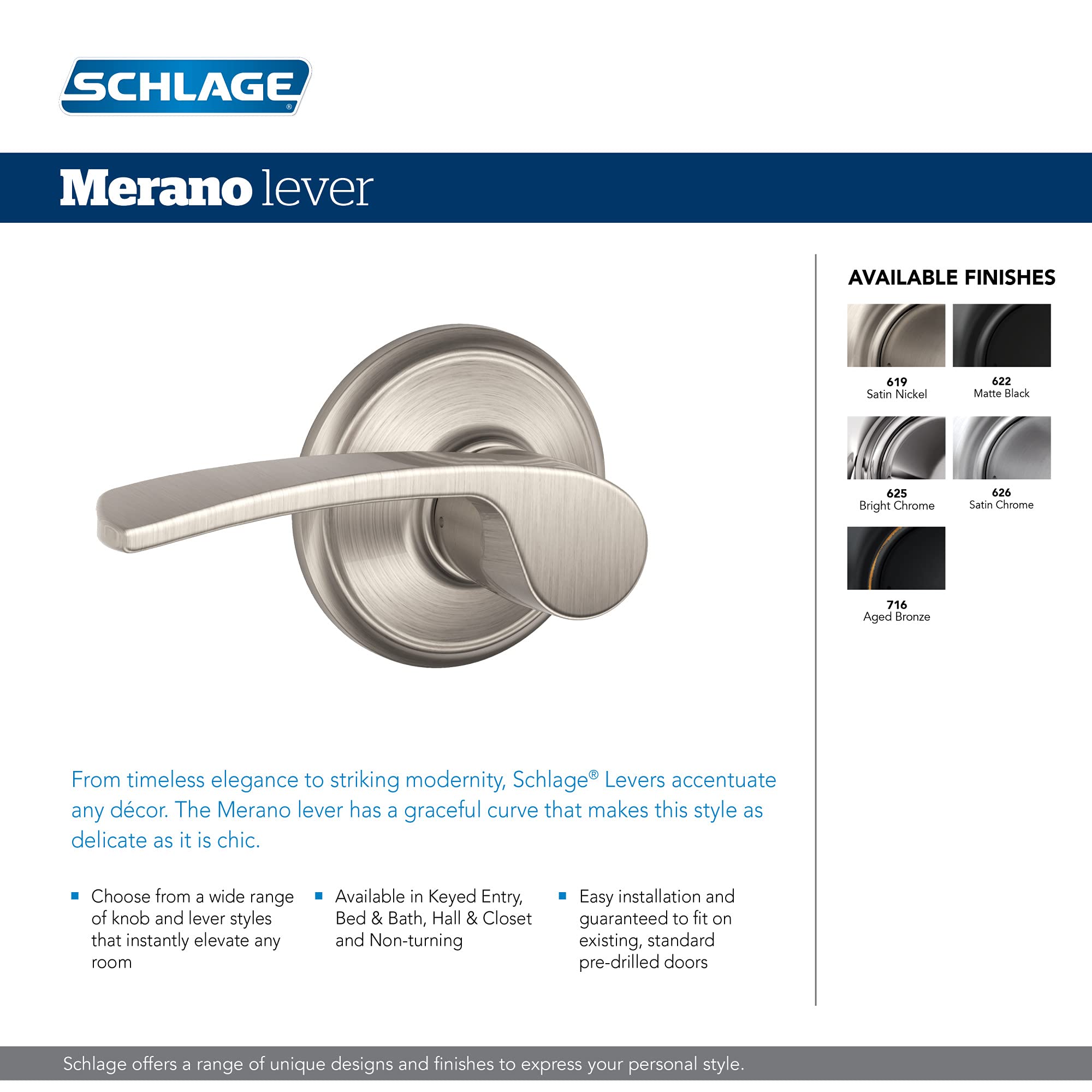 Schlage F40 MER 622 Merano Door Lever - Bed & Bath Privacy Lock in Matte Black - Perfect for Bedrooms, Bathrooms & Interior Doors