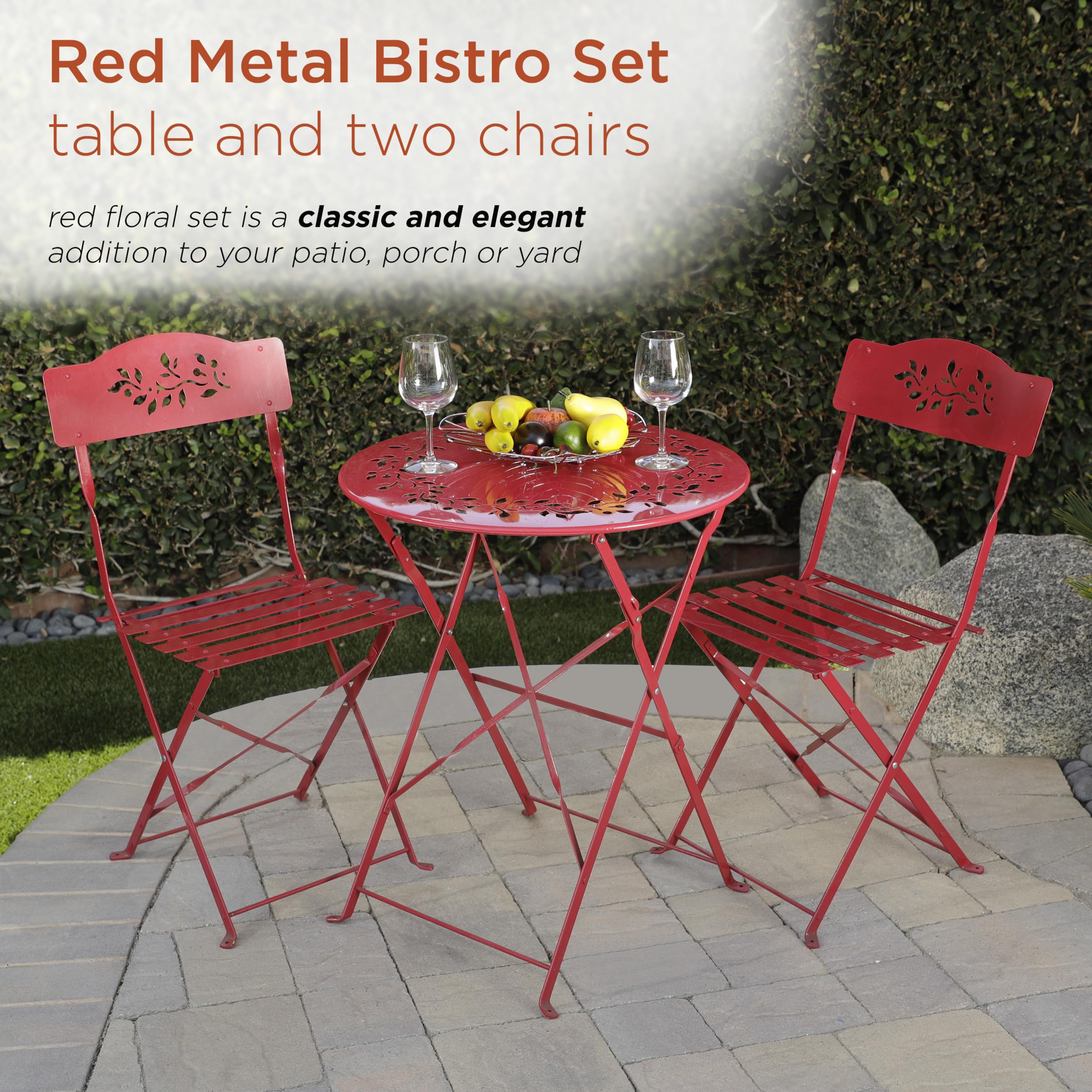 Alpine Corporation 3-Piece Bistro Set - Folding Table & Chairs for Indoor/Outdoor Use - Compact Patio Seating in Vibrant Red - Perfect for Small Balconies, Gardens, and Apartment Decks
