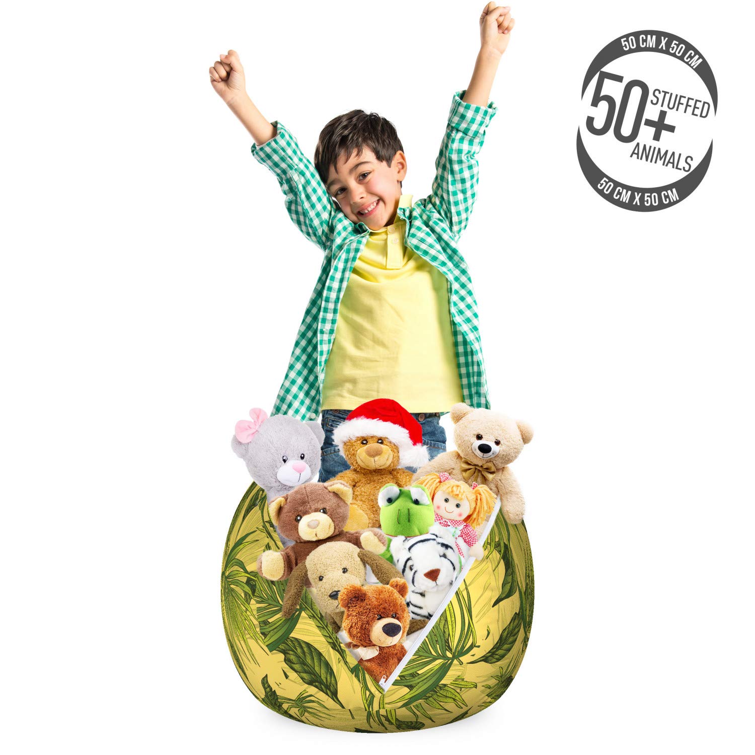 Ambesonne Tropical Storage Toy Bag Chair - Exotic Leaves & Branches Print, Washable Stuffed Animal Organizer (Small Size, Yellow Olive Green) | Kids Room Decor, Playroom Storage, Nursery Organization