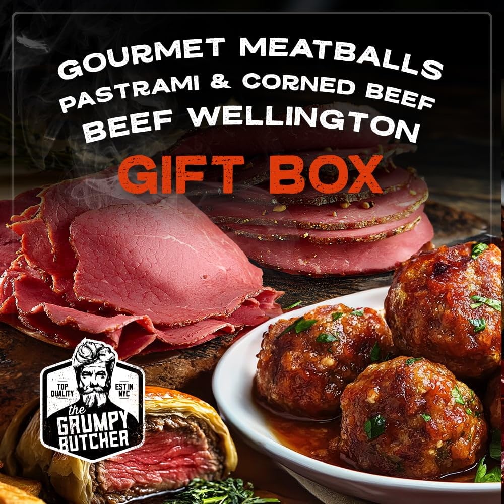 Premium Grumpy Butcher Holiday Gift Box - 12 Mini Beef Wellingtons, 20 Artisan Meatballs, 1 Pastrami & 1 Corned Beef - Gourmet Meat Gift Basket for Christmas, Birthday & Special Occasions - Perfect for Food Lovers, Corporate Gifts & Family Celebrations