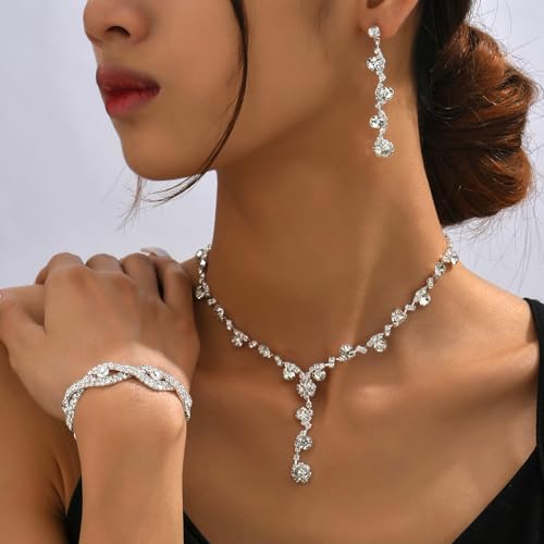 A: silver necklace bracelet earrings set
