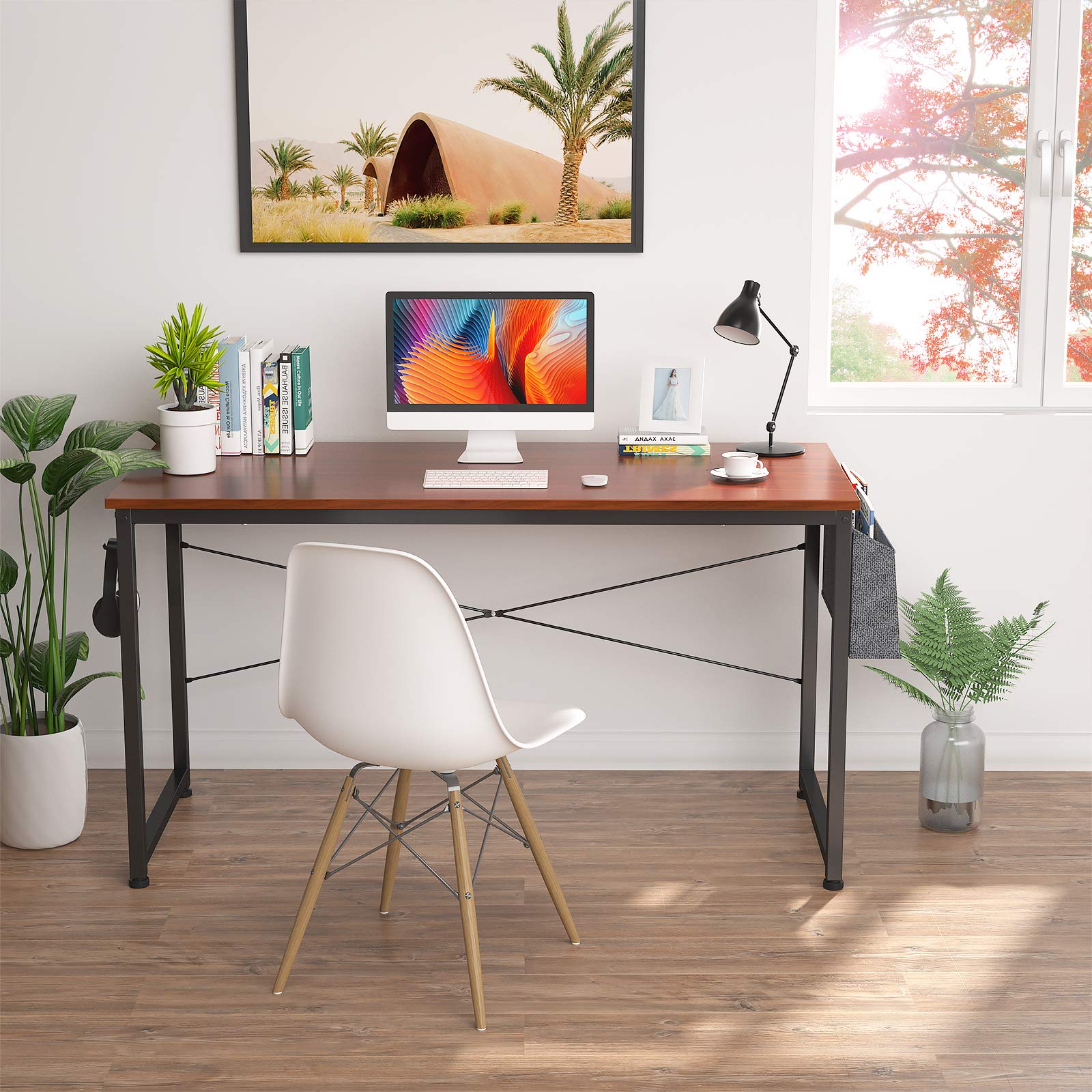 HomVent 47 Inch Modern Computer Desk - Home Office Writing Study Table with Storage Bag, Waterproof & Durable Teak Finish - Perfect for Small Spaces, Remote Work & Online Learning