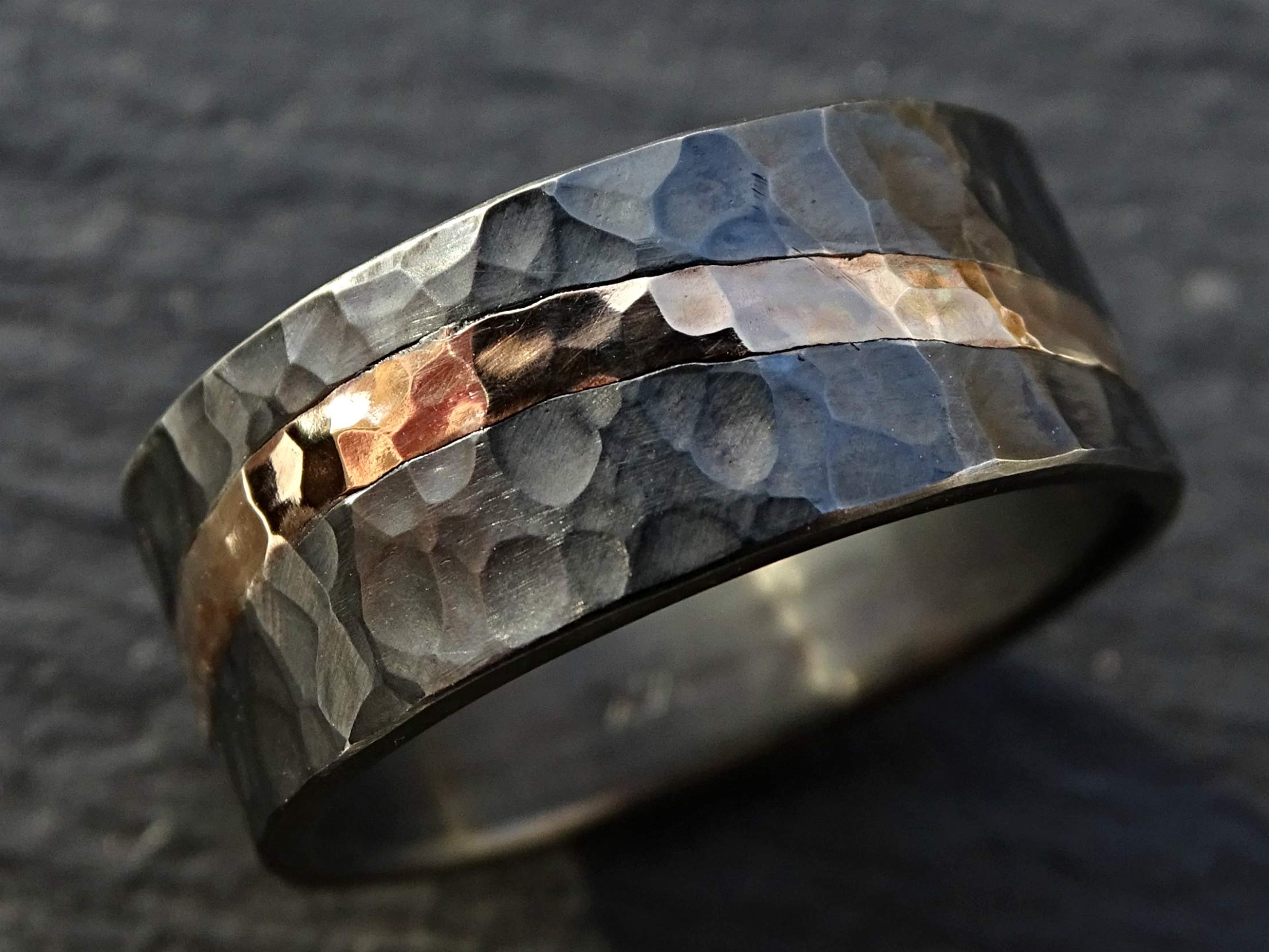 Forged Men's Viking Ring - Black Gold Wedding Band, Rustic Gold Wave Inlay, Perfect for Beach Weddings, Engagements, and Everyday Wear