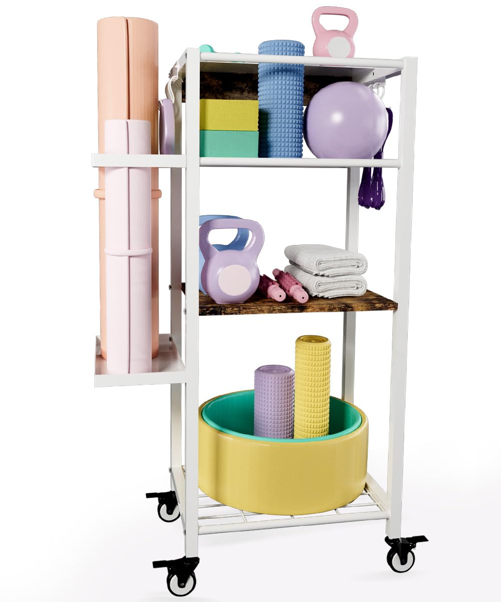 3-Tier Yoga Mat Storage Rack with Wheels - Heavy Duty Home Gym Organizer for Dumbbells, Kettlebells & Foam Rollers - Perfect for Yoga Studios, Home Workouts & Fitness Equipment Storage