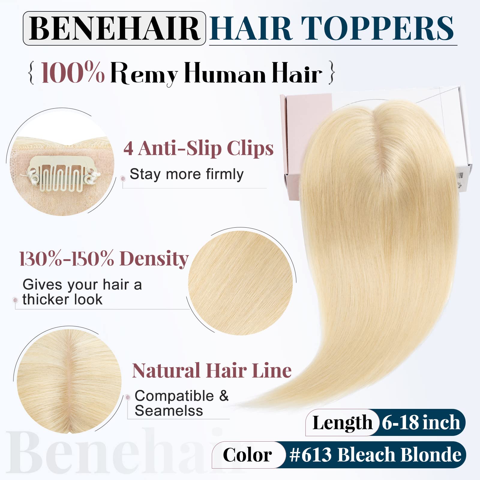 Benehair Clip-in Human Hair Topper for Women with Thinning Hair - 12 Inch 38g Remy Silk Base Hairpiece #613 Bleach Blonde - Natural Looking Hair Extensions for Daily Wear & Special Occasions