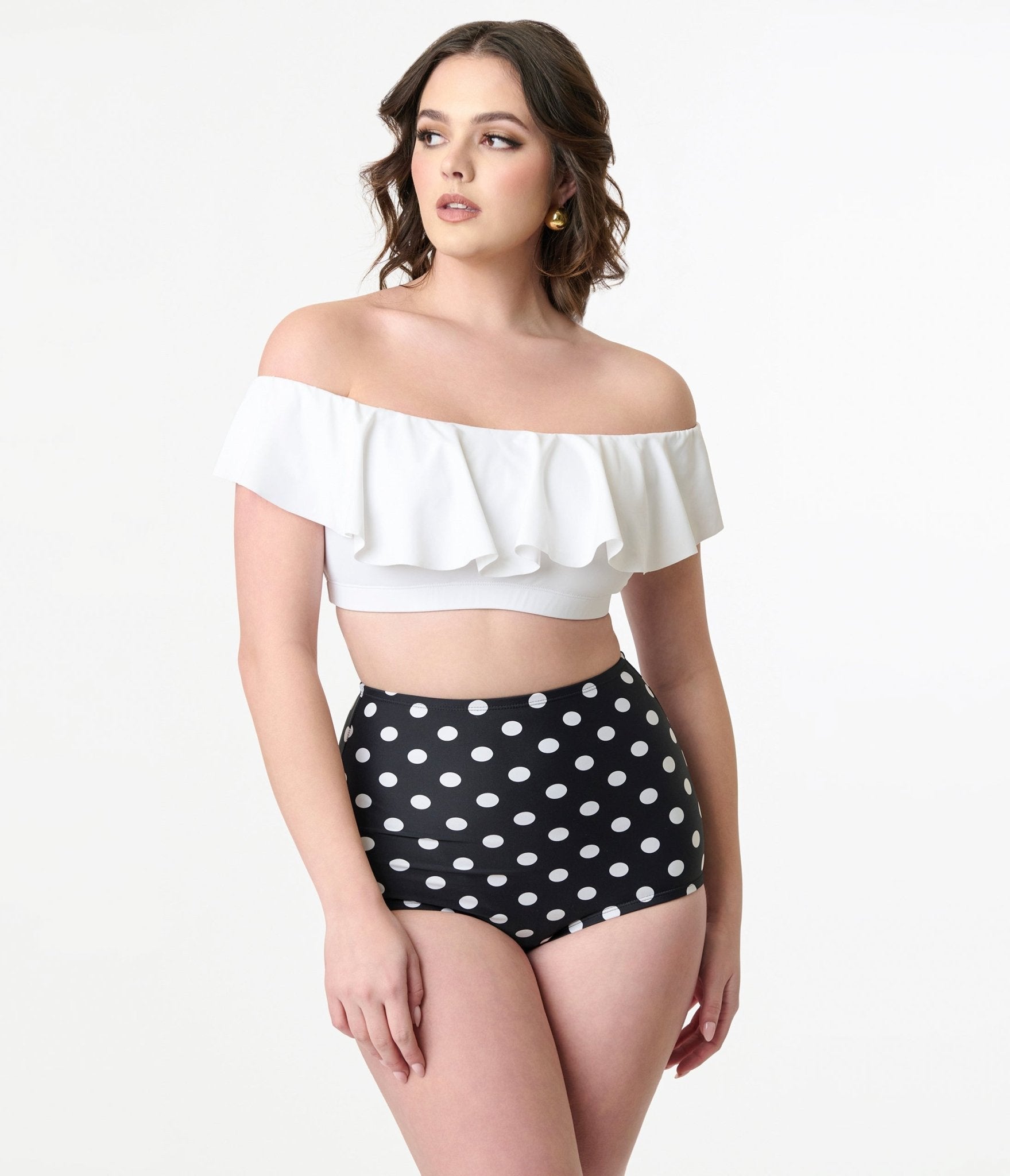 Vintage Black & White Polka Dot High Waist Swim Bottoms with Button Closure - Retro Beachwear for Women, Perfect for Pool Parties & Summer Vacations