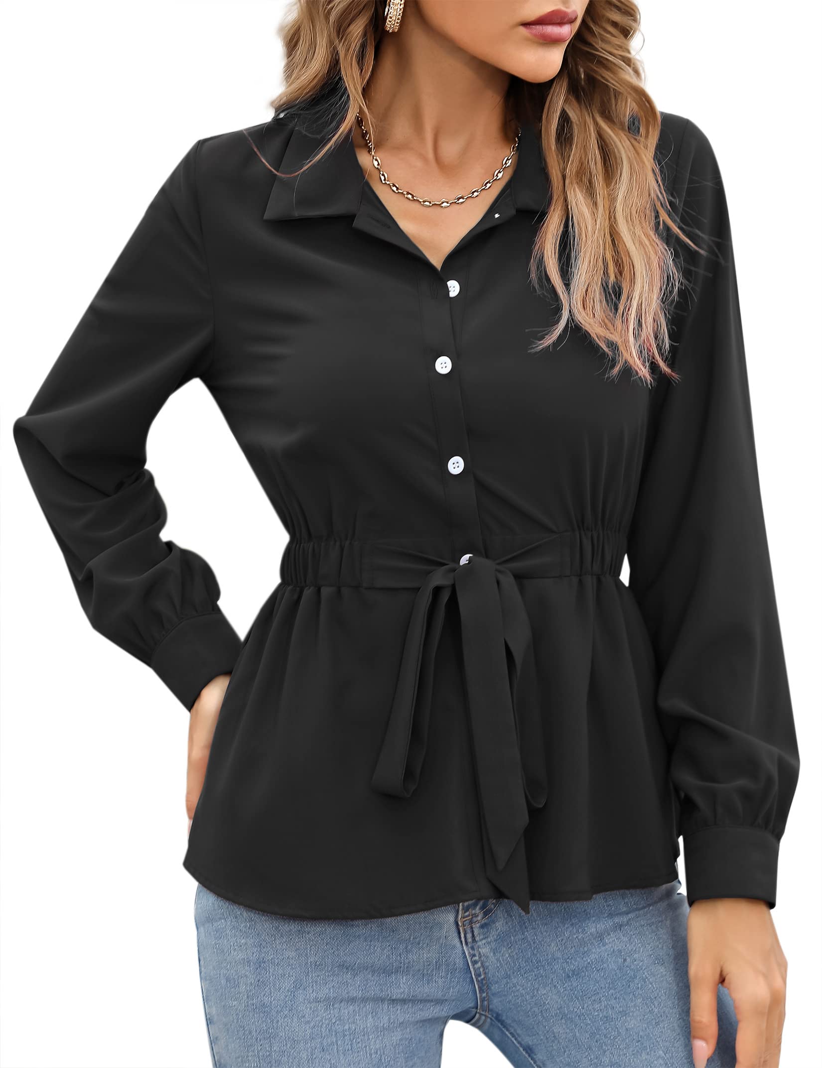 Women's Button Down Collared Shirts - Long Sleeve V Neck Peplum Tops for Business Casual & Elegant Work Blouses | Office Wear, Professional Attire & Formal Occasions