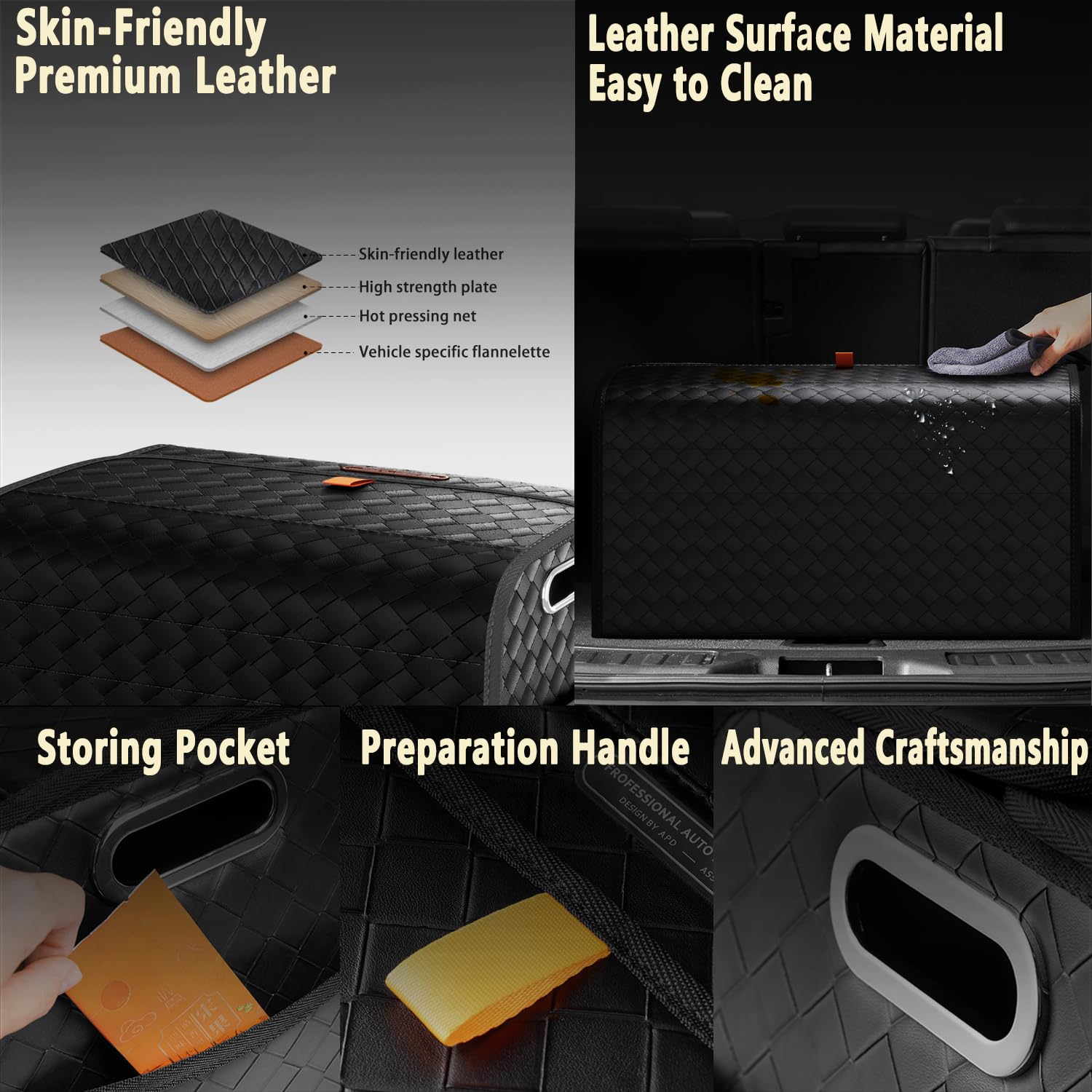 Premium GMQ Leather Car Trunk Organizer - Large Capacity Collapsible Storage for SUV, Truck, MPV (Black, L) | Perfect for Road Trips, Grocery Shopping & Vehicle Organization