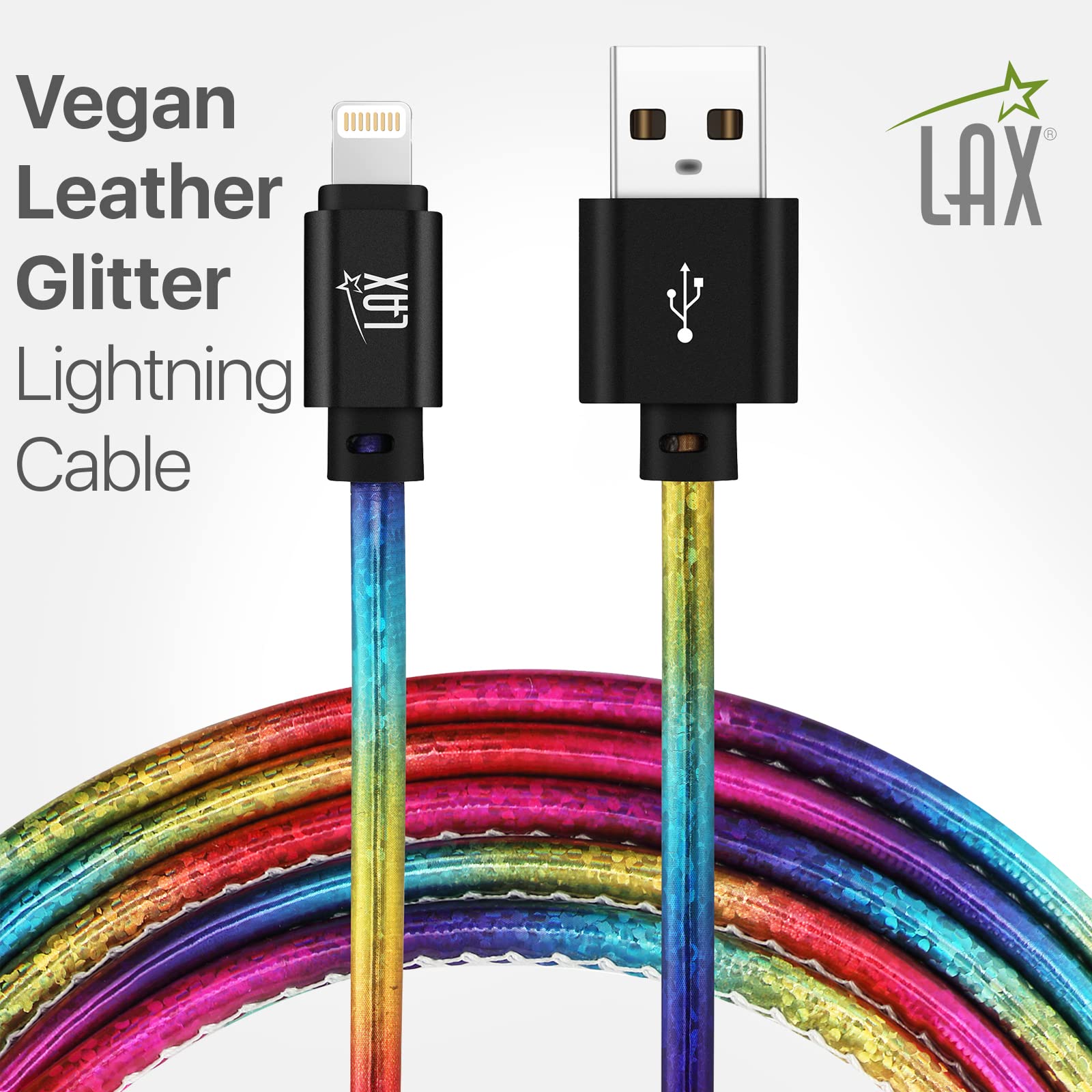 LAX Gadgets USB A to Lightning Cable - Apple MFI Certified Fast Charging Cable for iPhone, iPad, iPod - 6ft Glitter Rainbow Premium Stitched Design - Perfect for Home, Office & Travel Charging