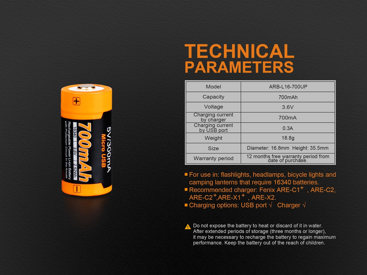 Fenix ARB L16 700UP USB Rechargeable 16340 Battery - High Performance Lithium Battery for Flashlights, Headlamps & Tactical Gear - Perfect for Camping, Hiking & Emergency Preparedness