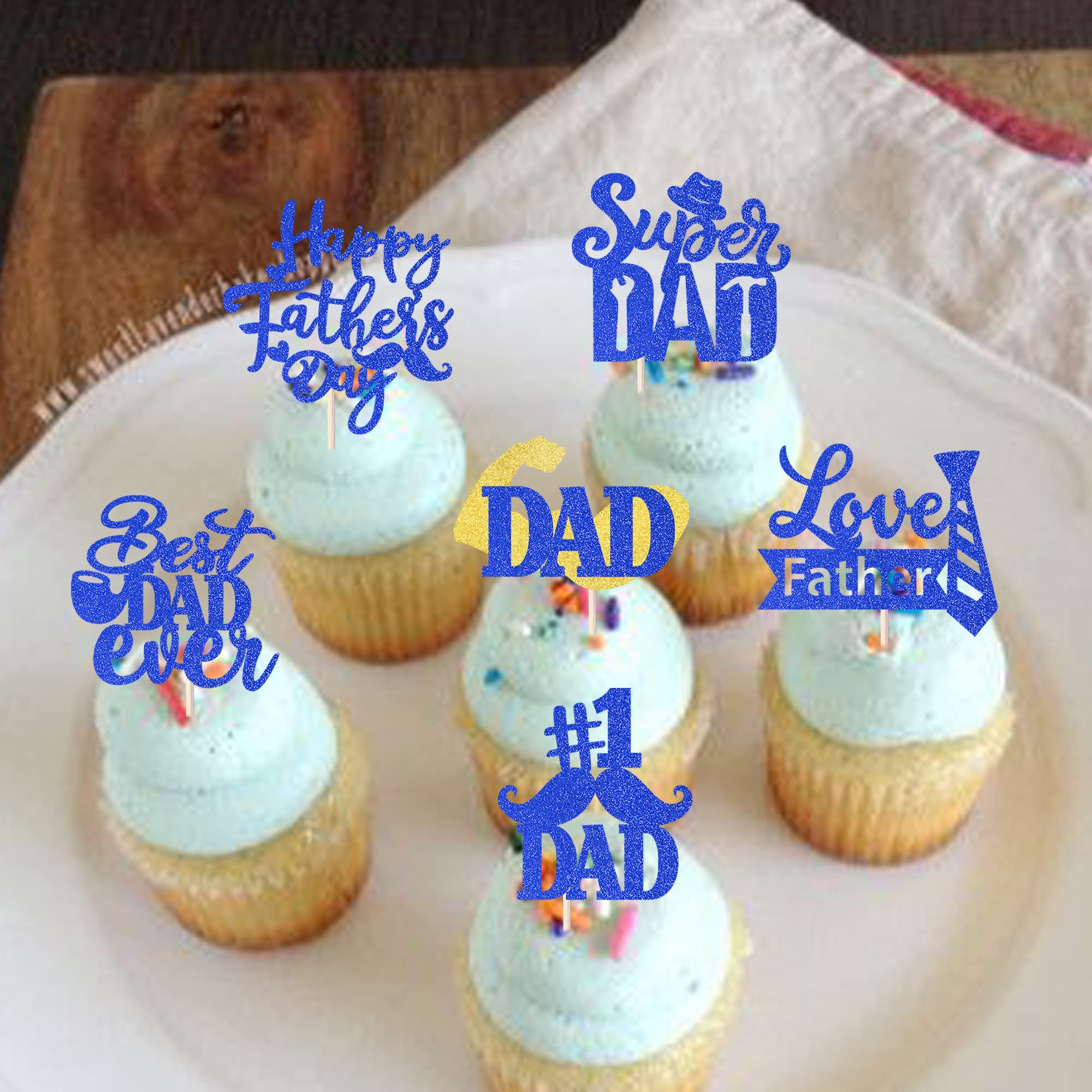 24 Pack Happy Father's Day Cupcake Toppers - Glitter Best Dad Ever Cake Decorations with #1 Dad, Tie, Mustache & Hat Designs - Perfect for Father's Day Parties, Men's Birthday Celebrations & DIY Cake Decorating