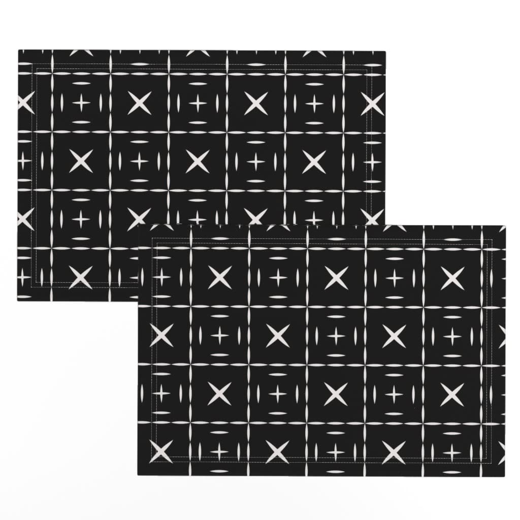 Premium Linen Cotton Canvas Placemats Set of 2 - Black Mudcloth Print Table Mats for Dining, Kitchen Decor & Holiday Entertaining