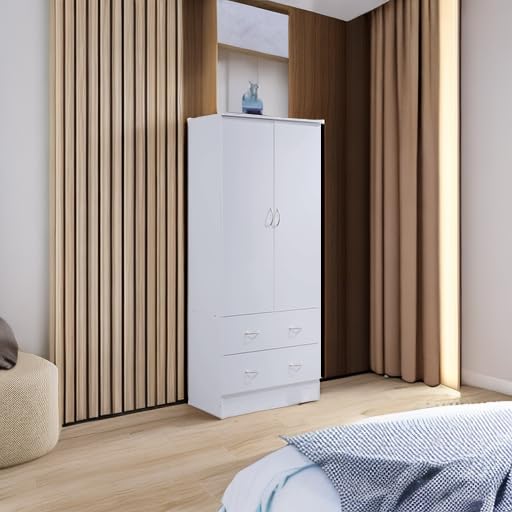 HODEDAH 2 Door Wood Wardrobe Closet with Hanging Rod & 2 Storage Drawers - White | Freestanding Bedroom Cabinet for Clothes Organization & Home Storage