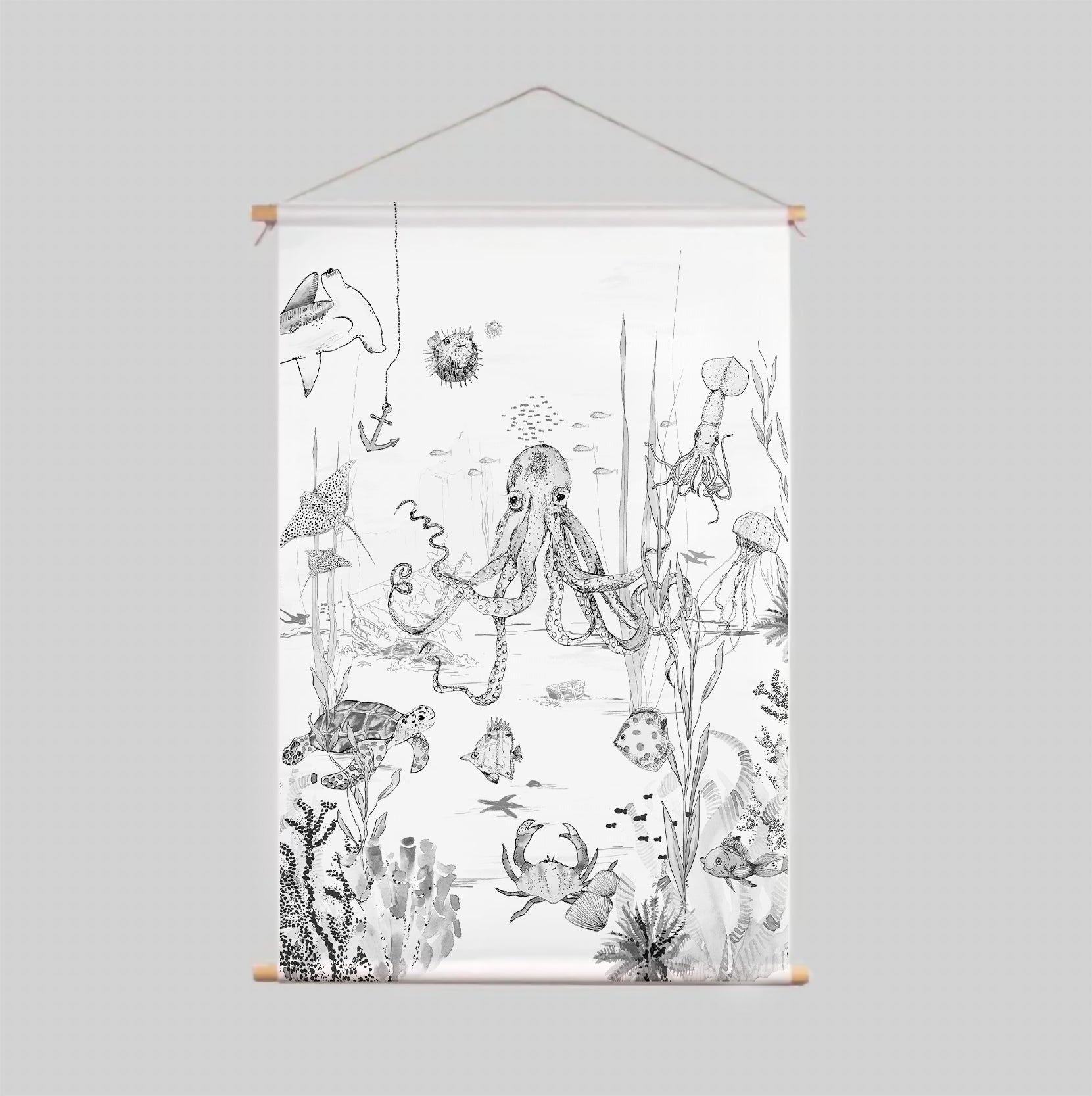 Underwater Wonders Textile Poster - Black & White Wall Art for Home, Office & Classroom Decor