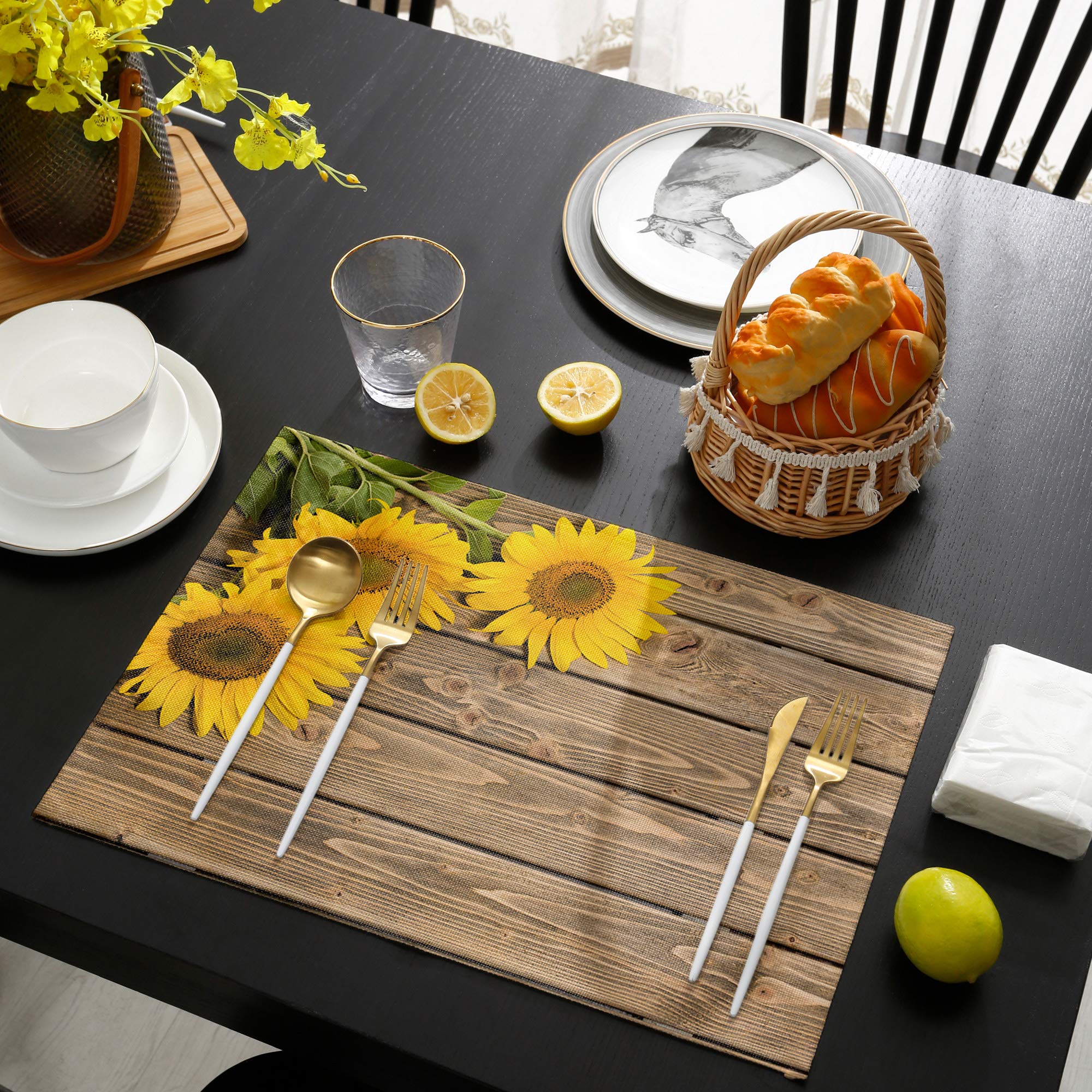 4-Pack Heat-Resistant Sunflower Placemats for Dining Table - 12x18 Inch Linen Table Mats with Wooden Plank Summer Garden Design - Perfect for Home Decor, Kitchen, Picnics & Outdoor Dining