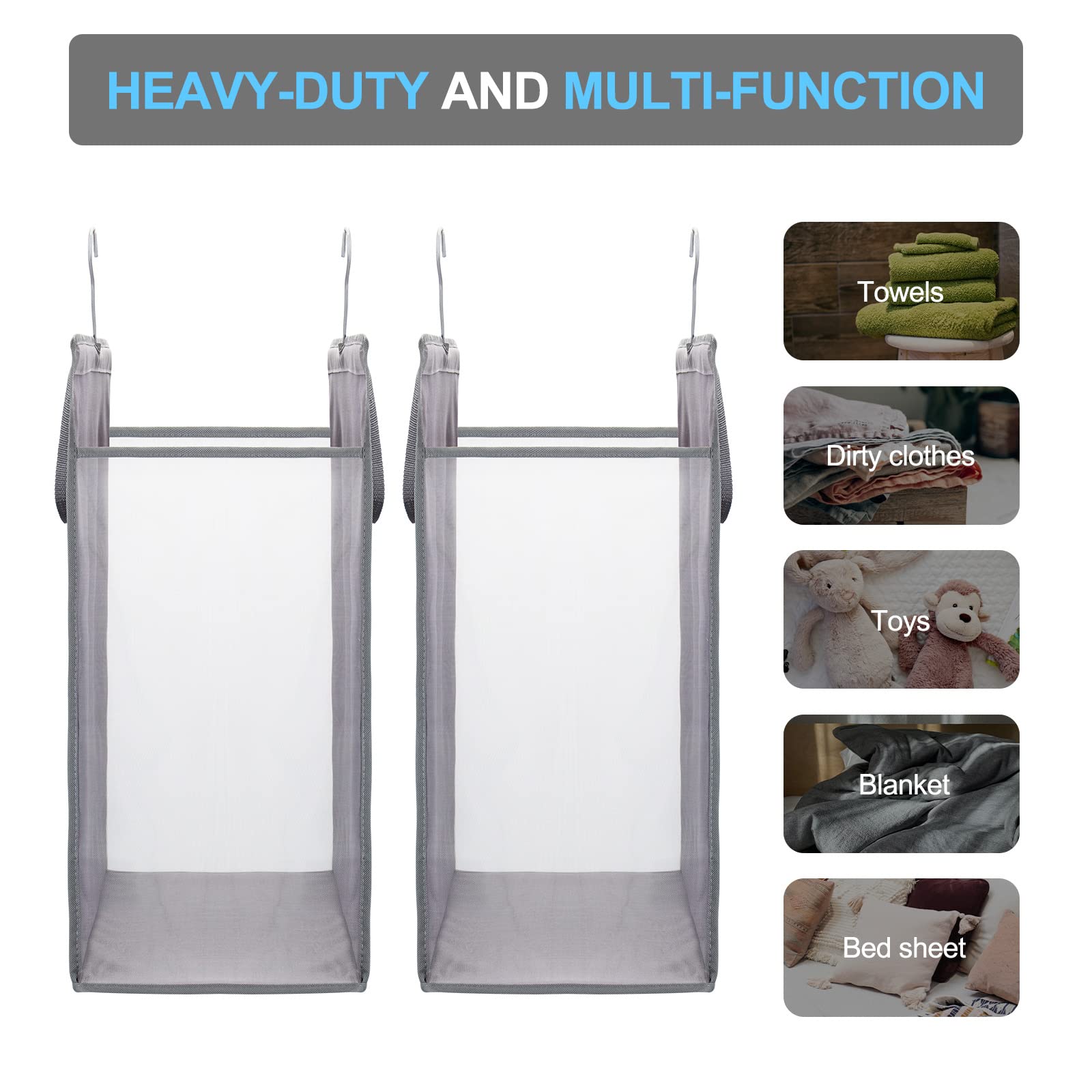 Fentec Hanging Laundry Hamper & Basket - 2 Pack Grey Mesh Heavy Duty Storage Bag with Handles for Closet, Dorm, Travel & Camping - Portable Slim Space Saving Solution