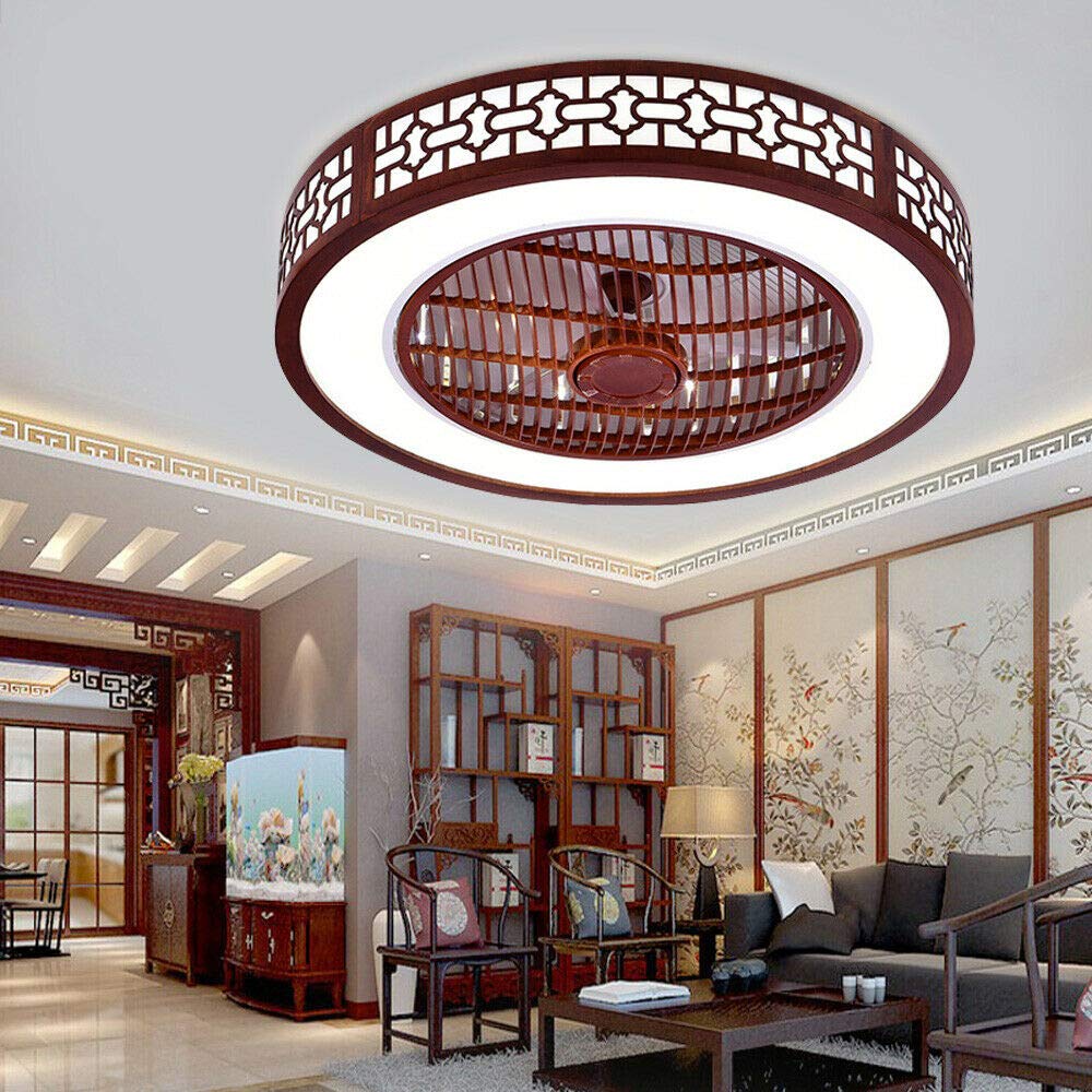 OUKANING Red Retro Low Profile Ceiling Fan with Lights - Remote Control, Dimmable LED, 3 Speed Settings - Flush Mount Bladeless Design (Japanese/Chinese/Thai Style) - Perfect for Bedroom, Living Room, Office & Dining Area - Energy Efficient & Quiet Operation