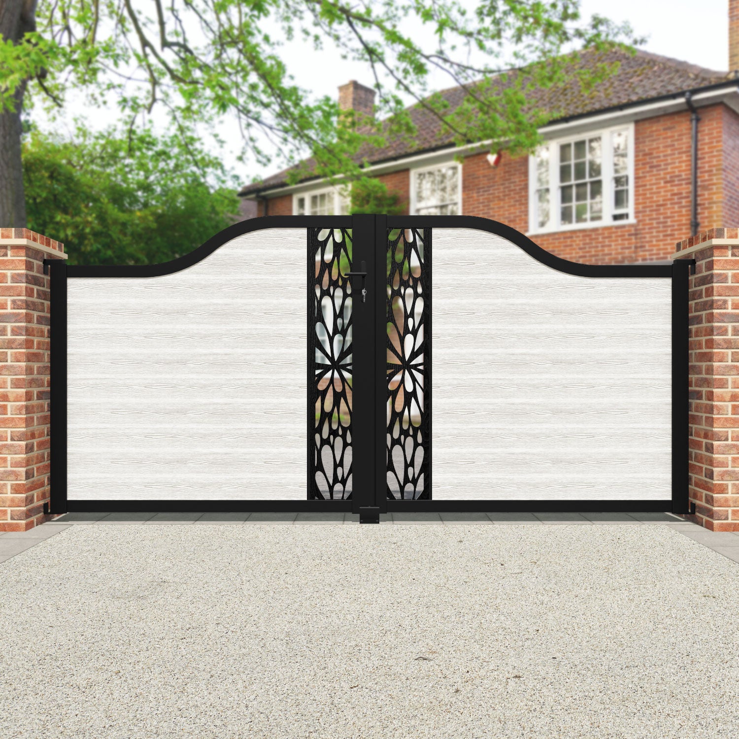 Classic Blossom Curved Top Driveway Gate - Light Stone Finish with Decorative Middle Screen | Elegant Entryway Solution for Homes & Gardens