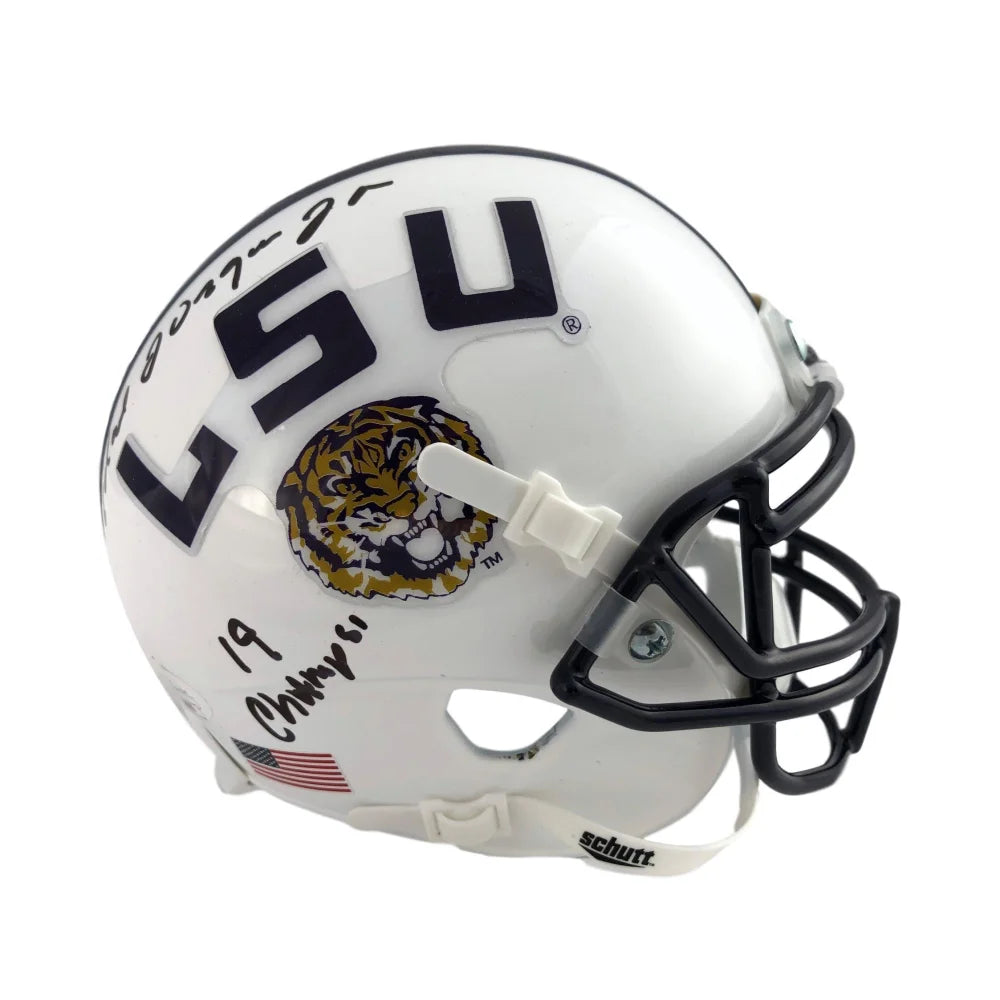 Authentic Ed Orgeron Signed LSU White Mini Helmet with '19 Champs' Inscription & JSA COA - Perfect for LSU Tigers Fans, Sports Memorabilia Collectors, and Football Enthusiasts