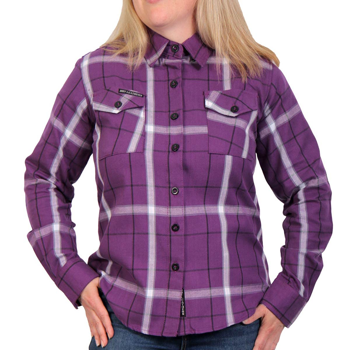 Hot Leathers FLL3010 Women's Long Sleeve Flannel Shirt - Purple, White & Black Plaid - Soft & Comfortable for Fall & Winter - Perfect for Casual Outfits, Outdoor Activities & Layering