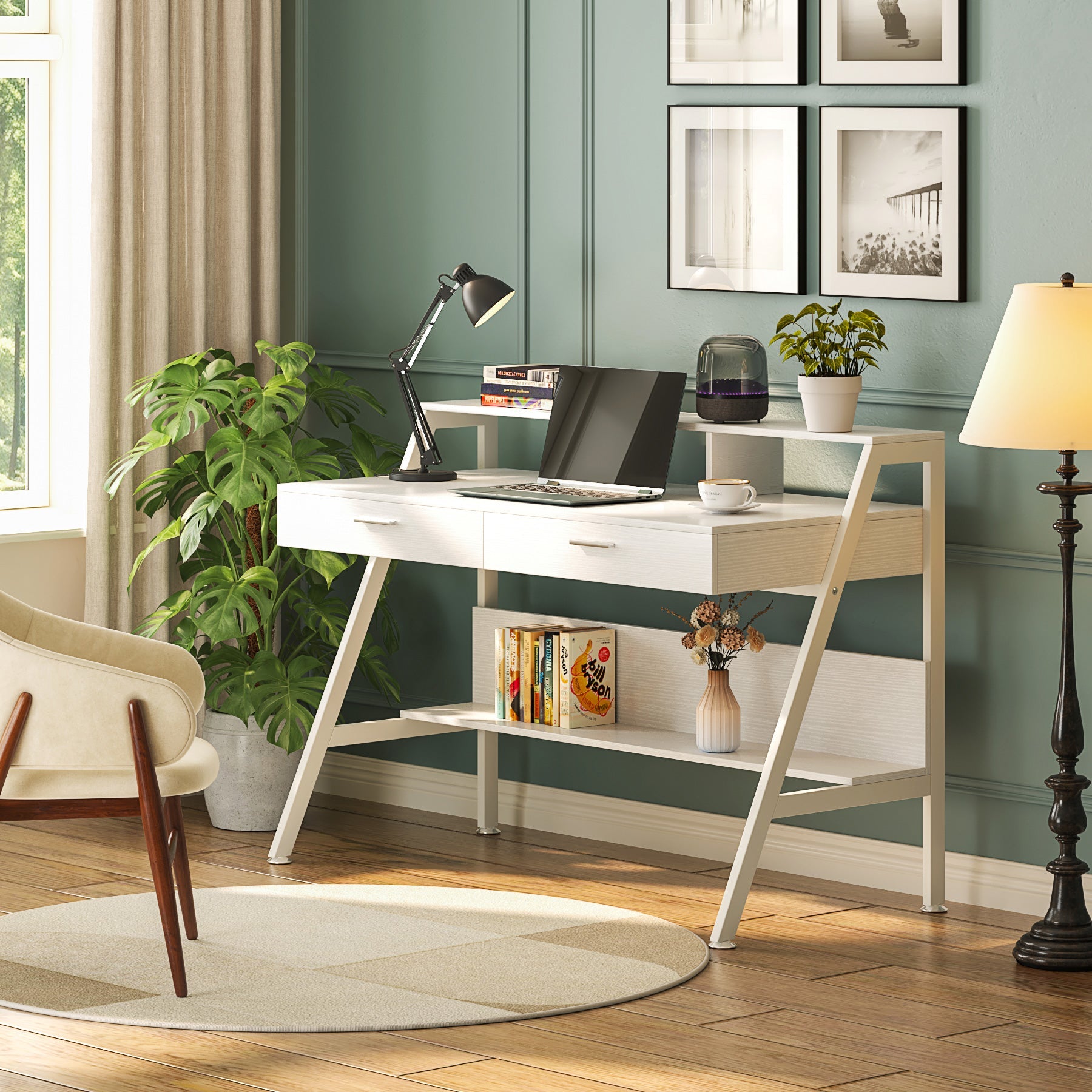 Modern White Computer Desk 47 Inch - Sturdy Writing Desk with Storage Shelf & Drawers for Home Office, Gaming & Study Workspace