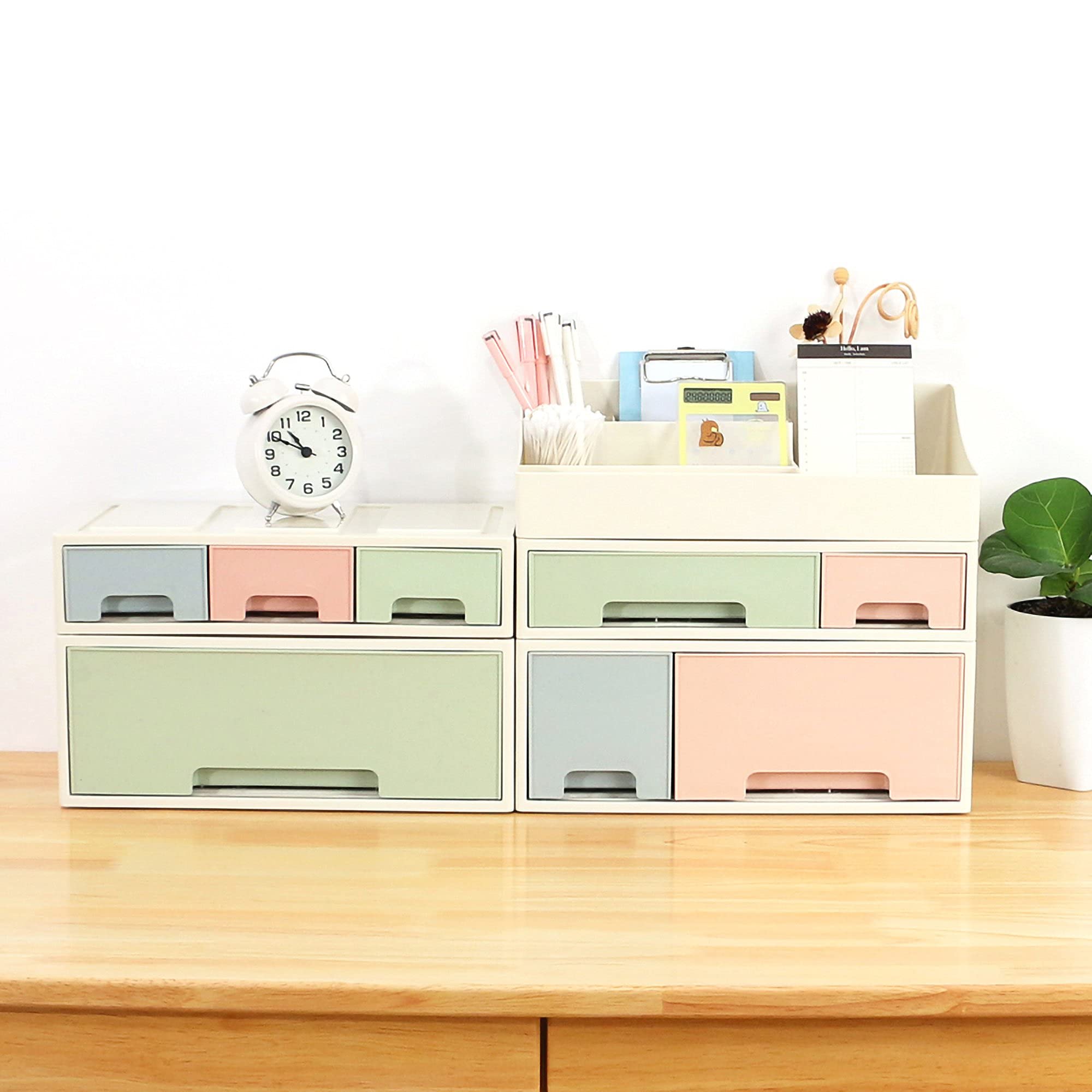5-Drawer Makeup Organizer & Cosmetic Storage Box - Desktop Stationery Holder, Remote Control Organizer, Kitchen Spice Box (4-Piece Set, Blue/Pink/Green) - Perfect for Bedroom Vanity, Office Desk & Kitchen Counter Organization