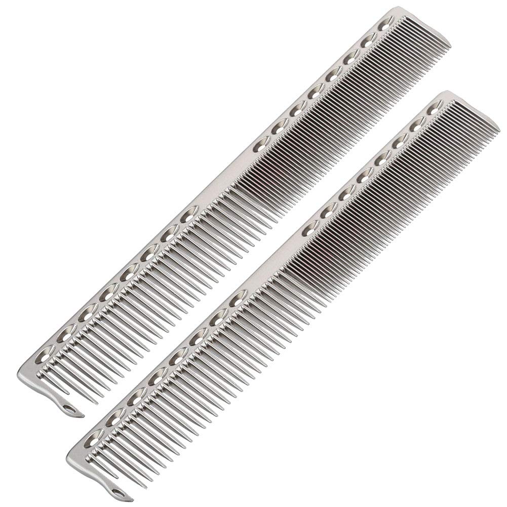 Professional Stainless Steel Haircut Comb Set - 2pcs Fine & Wide Tooth Styling Comb for All Hair Types - Salon & Barber Hairdressing Tool (Silver) - Perfect for Home, Salon, and Travel Use