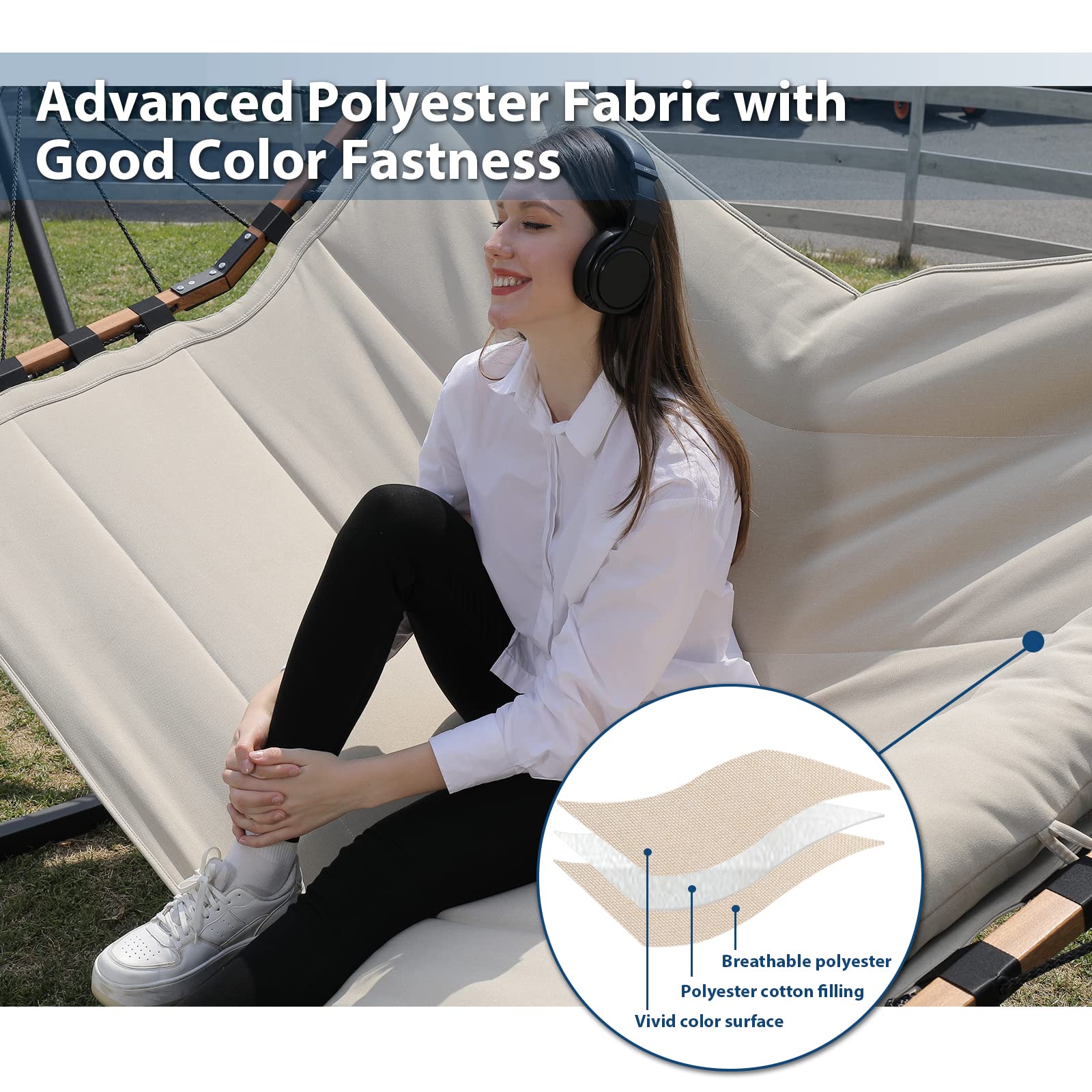 TegerDeger 12FT 2 Person Hammock - 450LB Capacity Heavy Duty Outdoor Hammock with V-Shaped Hardwood Spreader Bar & Nylon Rope - Perfect for Patio, Garden, Backyard, Beach & Poolside Relaxation (Beige)