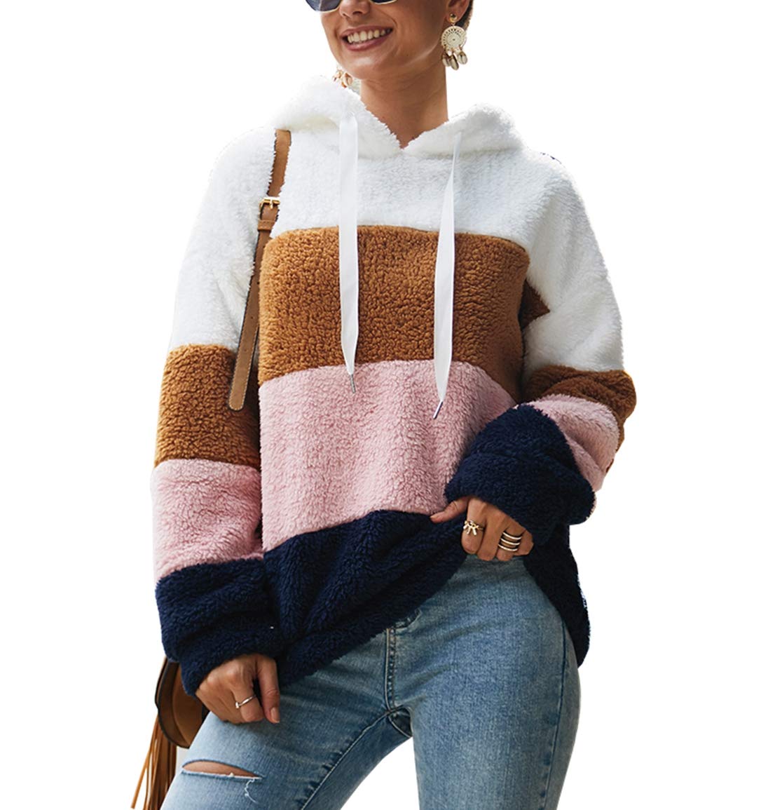 Women's Casual Fleece Sherpa Hoodie - Long Sleeve Fuzzy Pullover with Drawstring, Block Color Design, Perfect for Outdoor Activities and Cozy Loungewear