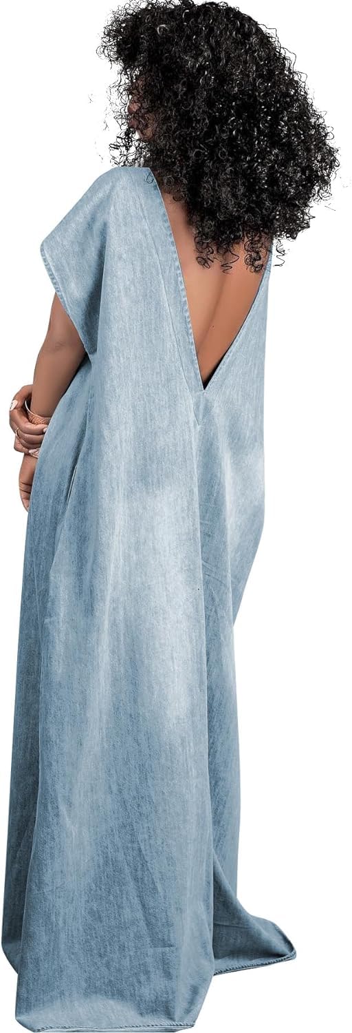 KELYWELL Women's V-Back Loose Maxi Long Denim Dress with Batwing Short Sleeves - 2024 High Street Fashion Jean Dress for Casual Outings, Beach Cover-Up & Summer Street Style