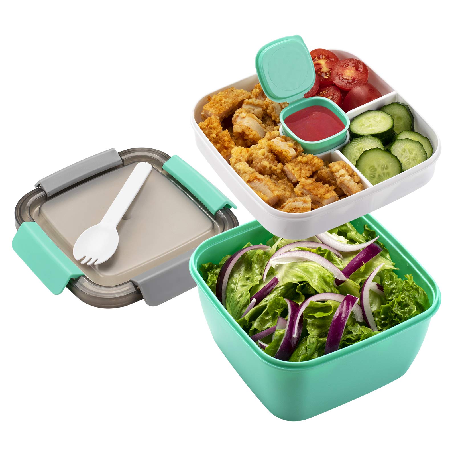 Freshmage 52-oz BPA-Free Leakproof Lunch Container with 3 Compartments & Dressing Cup - Reusable Salad Bowl for Meal Prep, Office Lunch, Picnics - Perfect for Men & Women (Eco-Friendly Green)