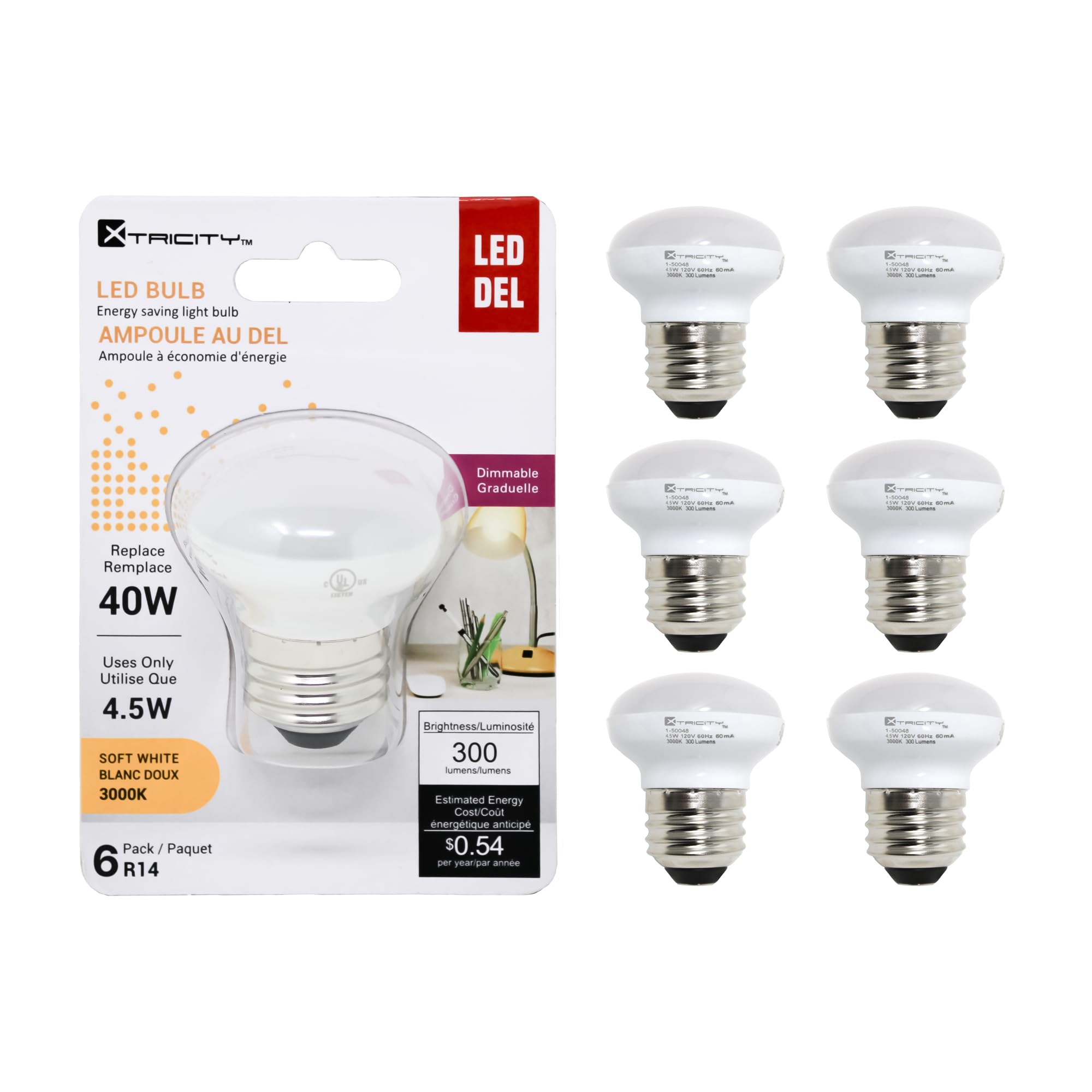 Xtricity R14 Dimmable LED Light Bulbs - 6 Pack, E26 Base, 4.5W (40W Equivalent), 3000K Soft White, 300 Lumens - Perfect for Curio Cabinets, China Cabinets, Shelf Lighting & Home Decor - Energy Efficient Mini Bulbs, RoHS Compliant