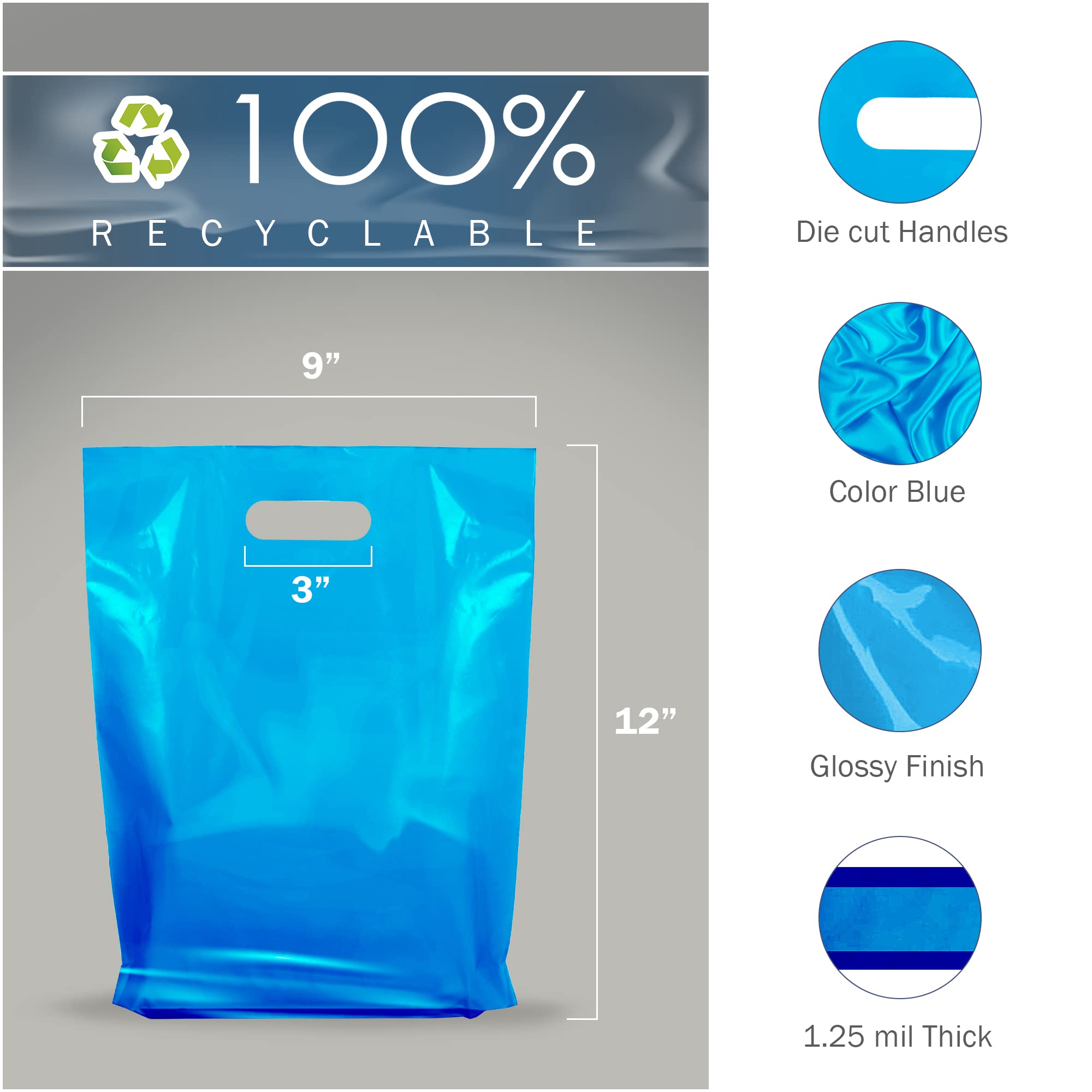 100 Pack Blue Glossy Plastic Shopping Bags with Handles 9x12x1.25 Inches - Bulk Merchandise Bags for Boutique, Retail Store, Gift Shop & Toy Store - Perfect for Packaging, Promotions & Customer Purchases