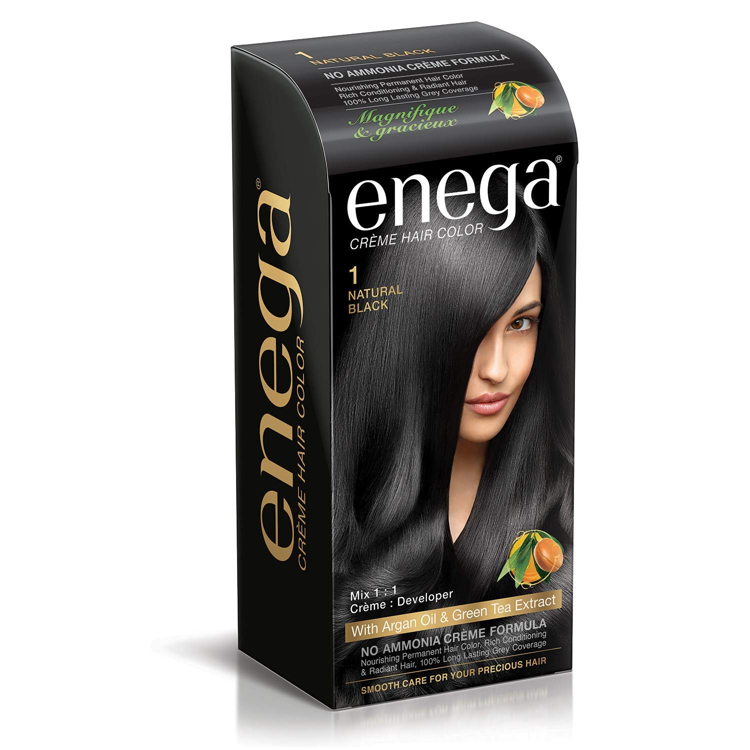Enega Ammonia-Free Long Lasting Gray Coverage Hair Dye with Argan Oil & Green Tea Extract - 150ml Natural Black Creme Hair Color (Pack of 1) | For At-Home Hair Coloring & Touch-Ups